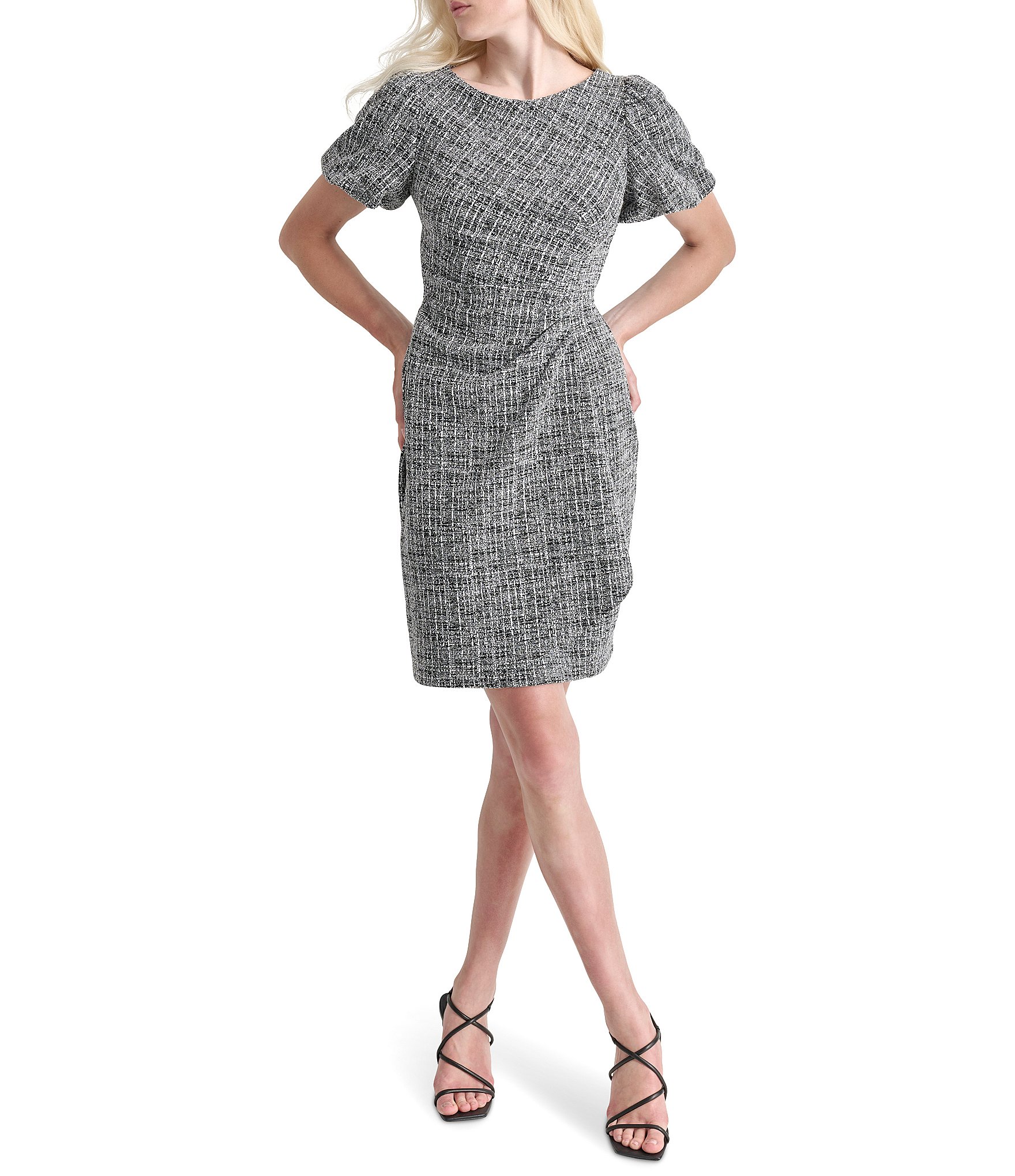 DKNY Plaid Knit Boat Neck Short Puff Sleeve Gathered Side Mini Dress ...