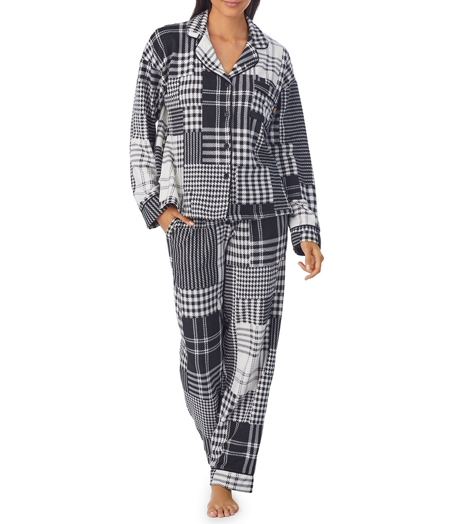 DKNY Plaid Stretch Fleece Long Collar Set Sleeve Pajama & Notch Pant Top | Dillard\'s