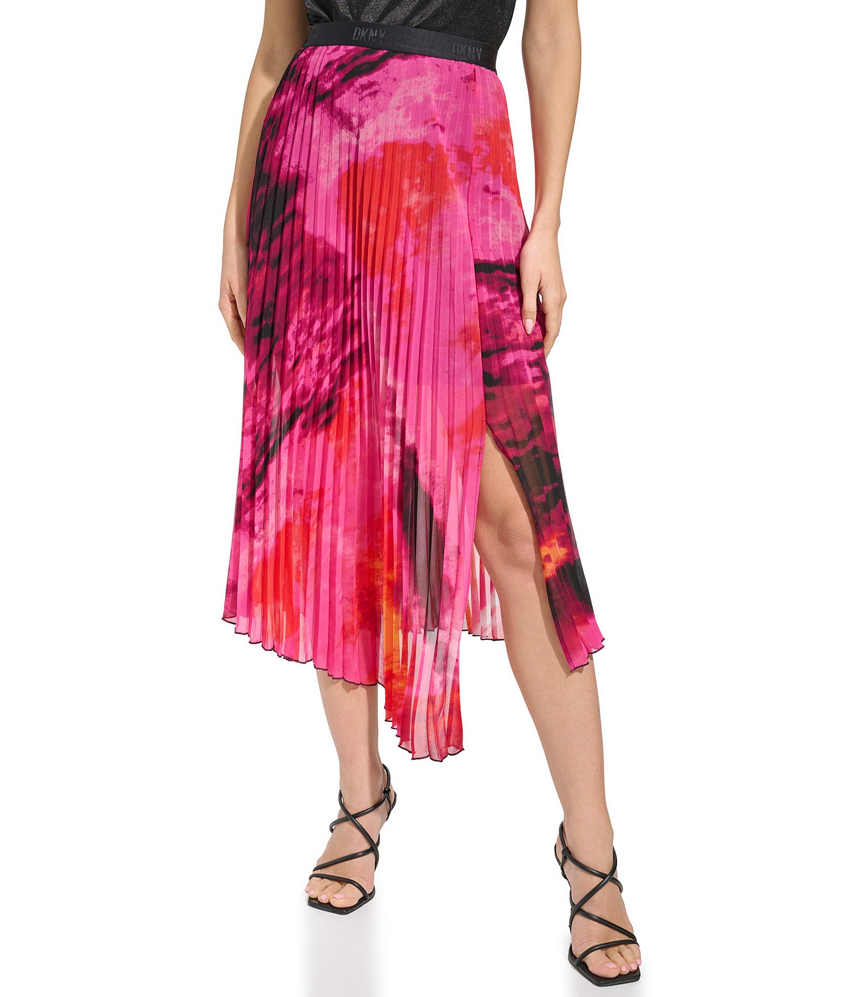 DKNY Pleated Chiffon Asymmetric Midi Skirt | Dillard's