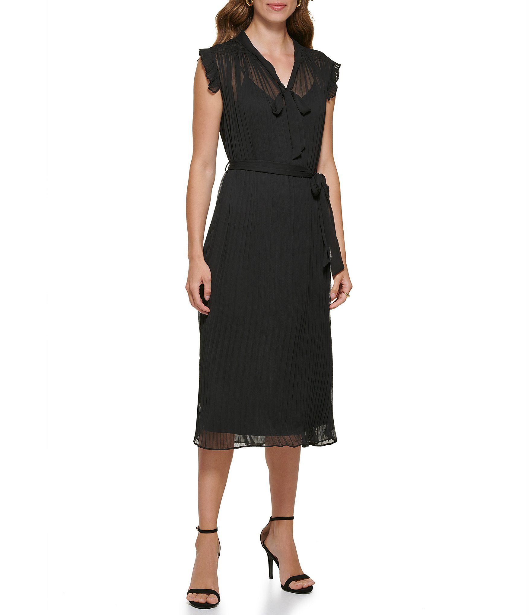 DKNY Pleated Chiffon Ruffle Shoulder V-Neckline Midi Dress | Dillard's