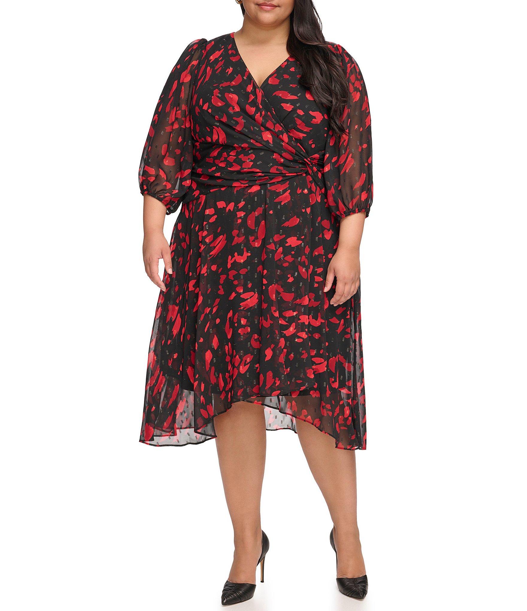 DKNY Plus Size 3/4 Sleeve V-Neck Printed Chiffon Wrap Dress | Dillard's