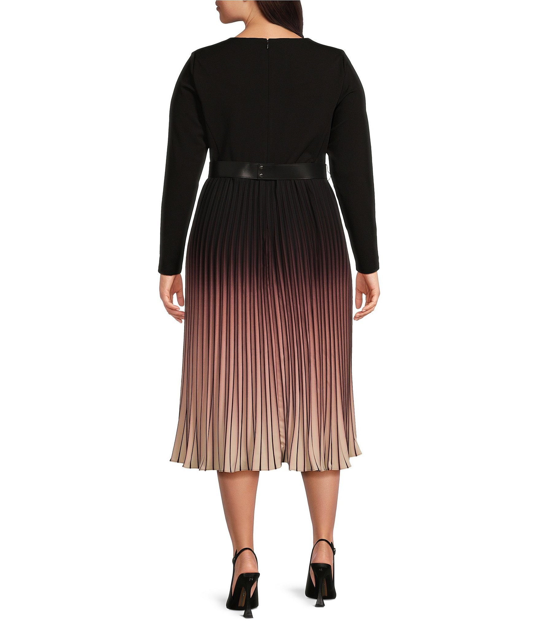 DKNY by Donna Karan Plus Size Ombre Knit Crew Neck Long Sleeve Pleated Belted Midi Dress