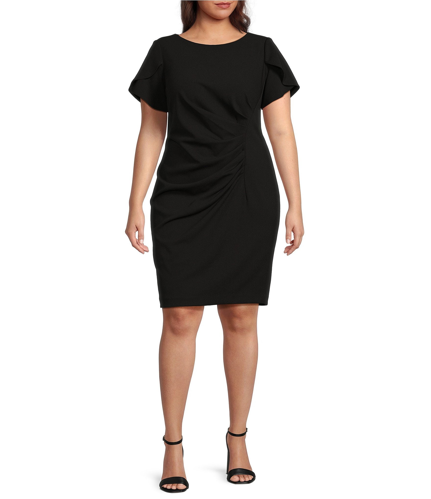 DKNY by Donna Karan Plus Size Short Tulip Sleeve Boat Neck Ruched Waist Sheath Dress