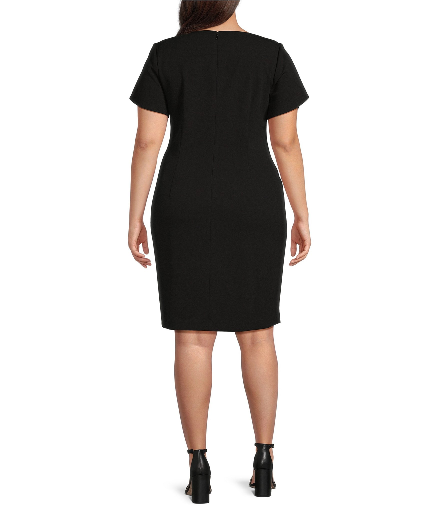 DKNY by Donna Karan Plus Size Short Tulip Sleeve Boat Neck Ruched Waist Sheath Dress