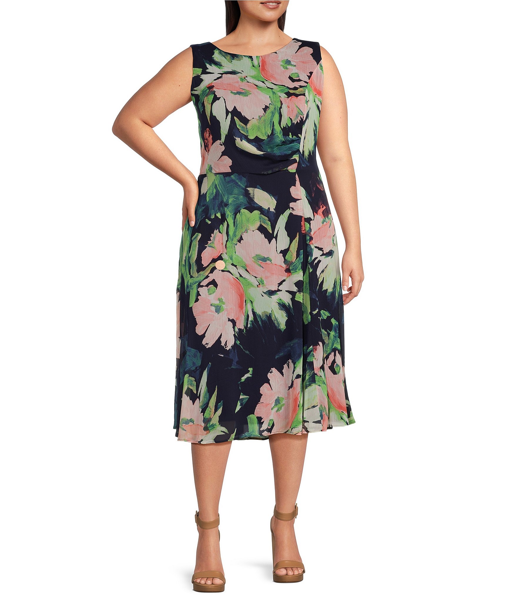 DKNY Plus Size Sleeveless Boat Neck Floral Chiffon Fit And Flare Midi ...