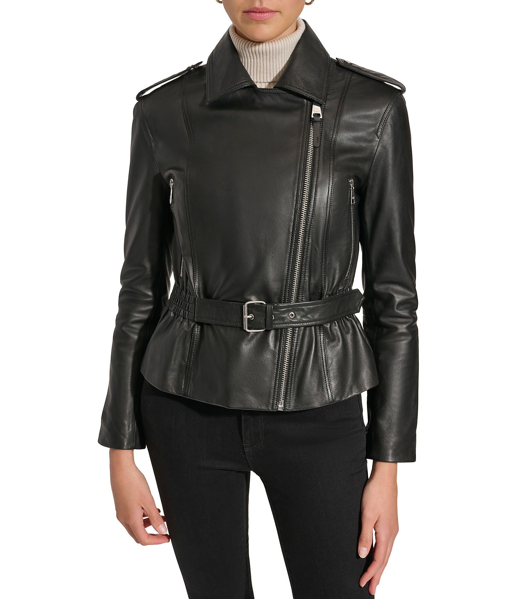 DKNY Point Collar Long Sleeve Zip Pocket Belted Leather Moto Jacket ...
