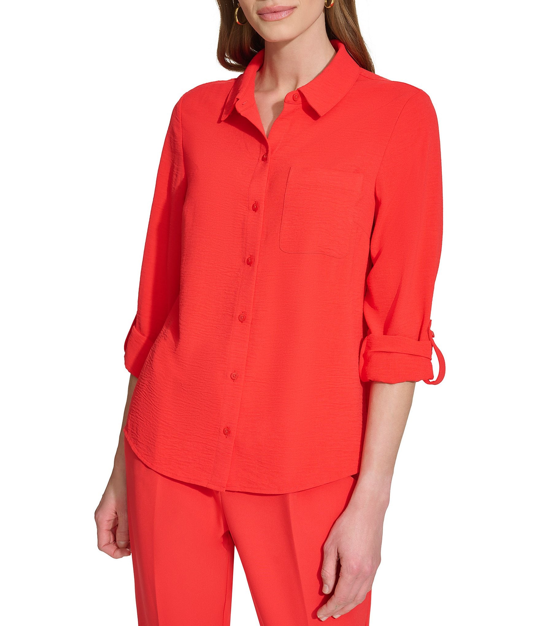DKNY by Donna Karan Point Collar Roll Tab 3/4 Sleeve Button