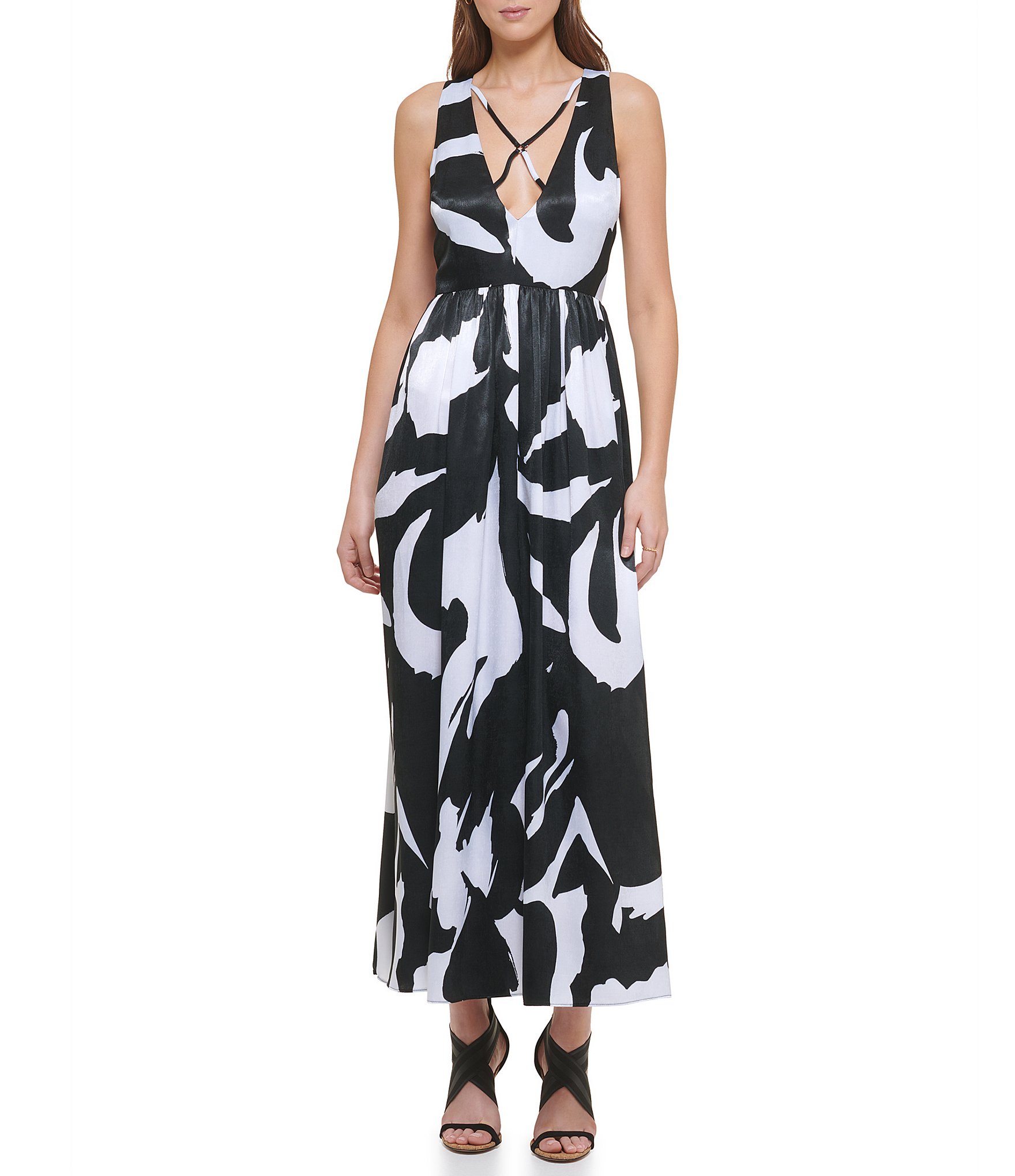 DKNY Printed A-Line V-Neck Criss Cross Sleeveless Maxi Dress | Dillard's
