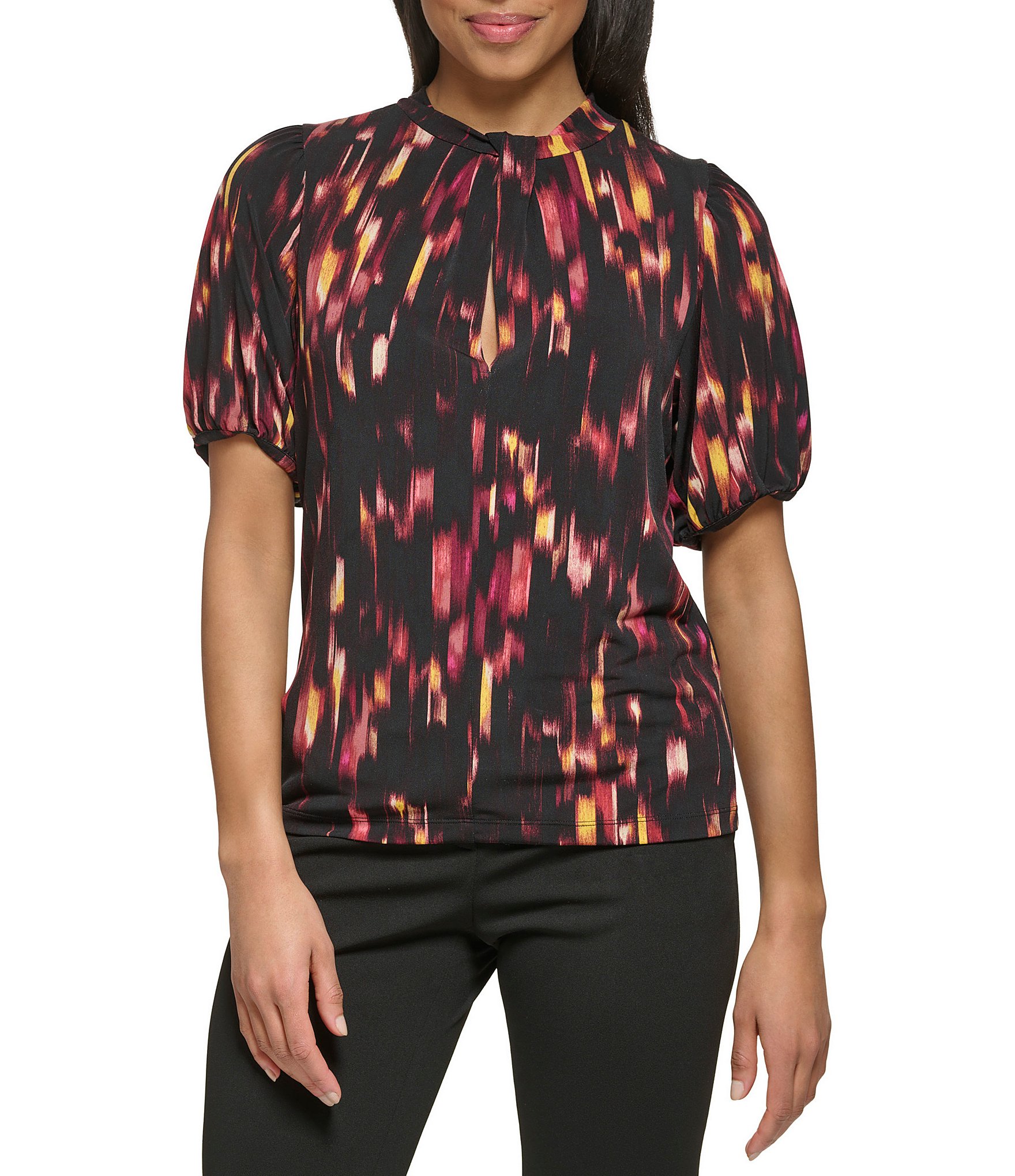 DKNY Printed Banded Short Sleeve Twisted Neck Top | Dillard's