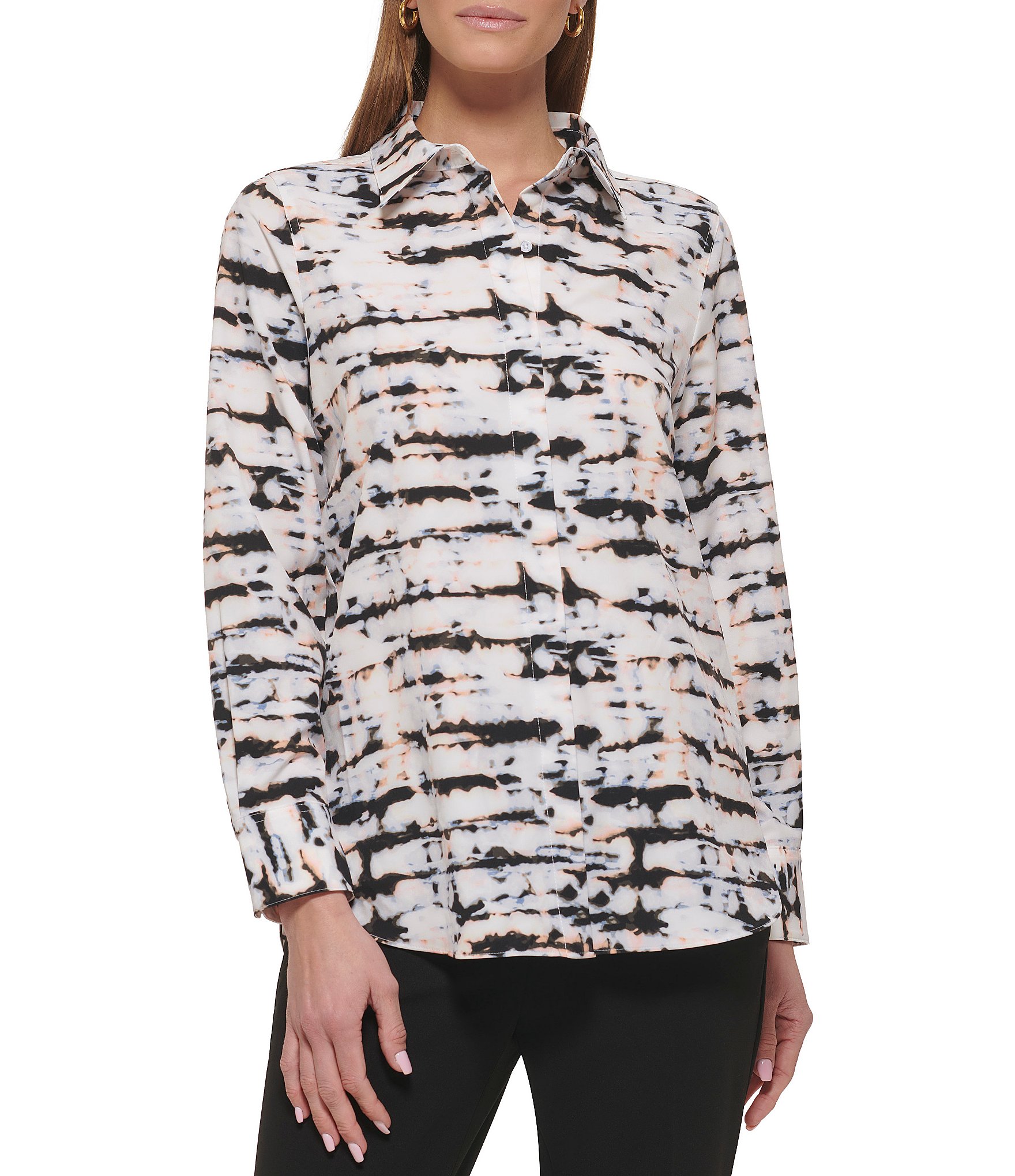 DKNY Printed Collared Button Front Blouse | Dillard's