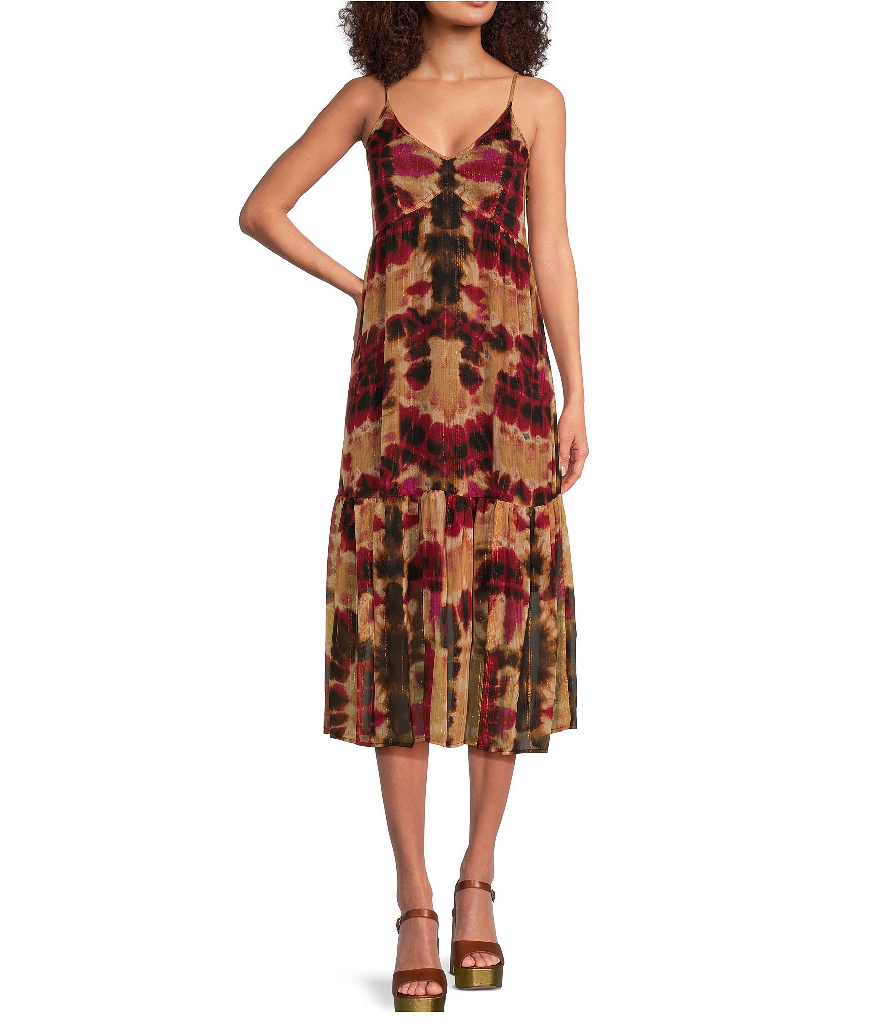 DKNY by Donna Karan Printed Lurex V-Neck Sleeveless Midi Dress