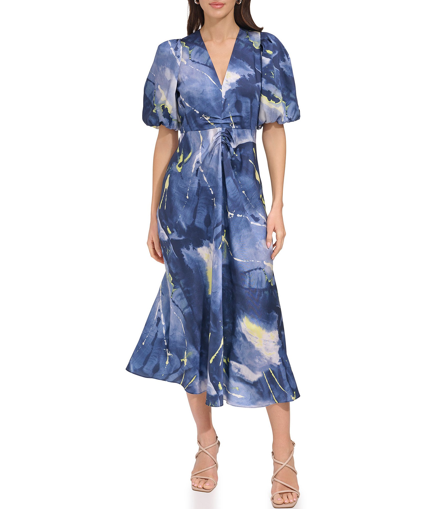 DKNY Printed Satin V-Neck Short Puff Sleeve Midi Dress | Dillard's