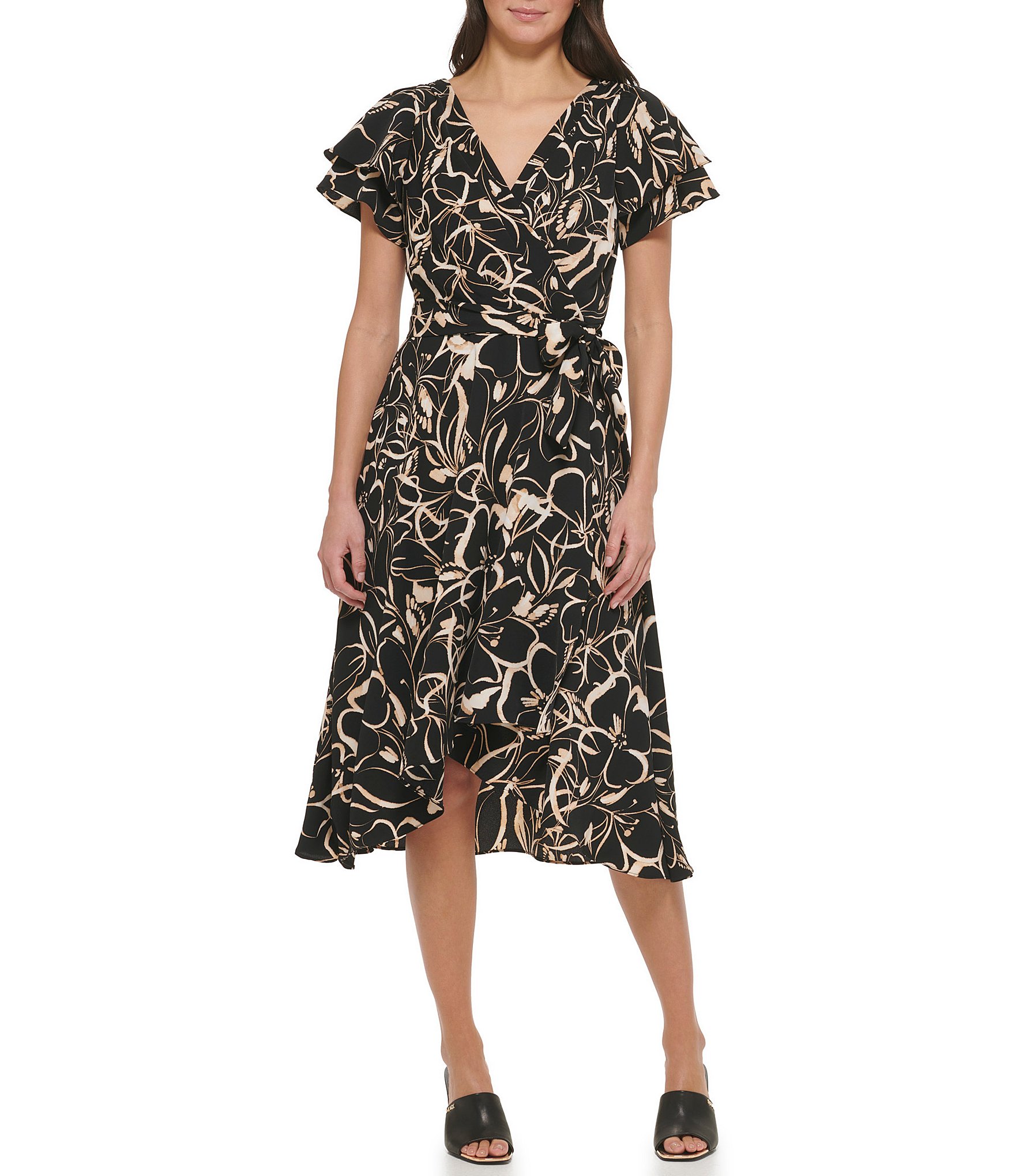 Dkny Printed V Neck Short Double Ruffled Sleeve Faux Wrap Dress Dillards