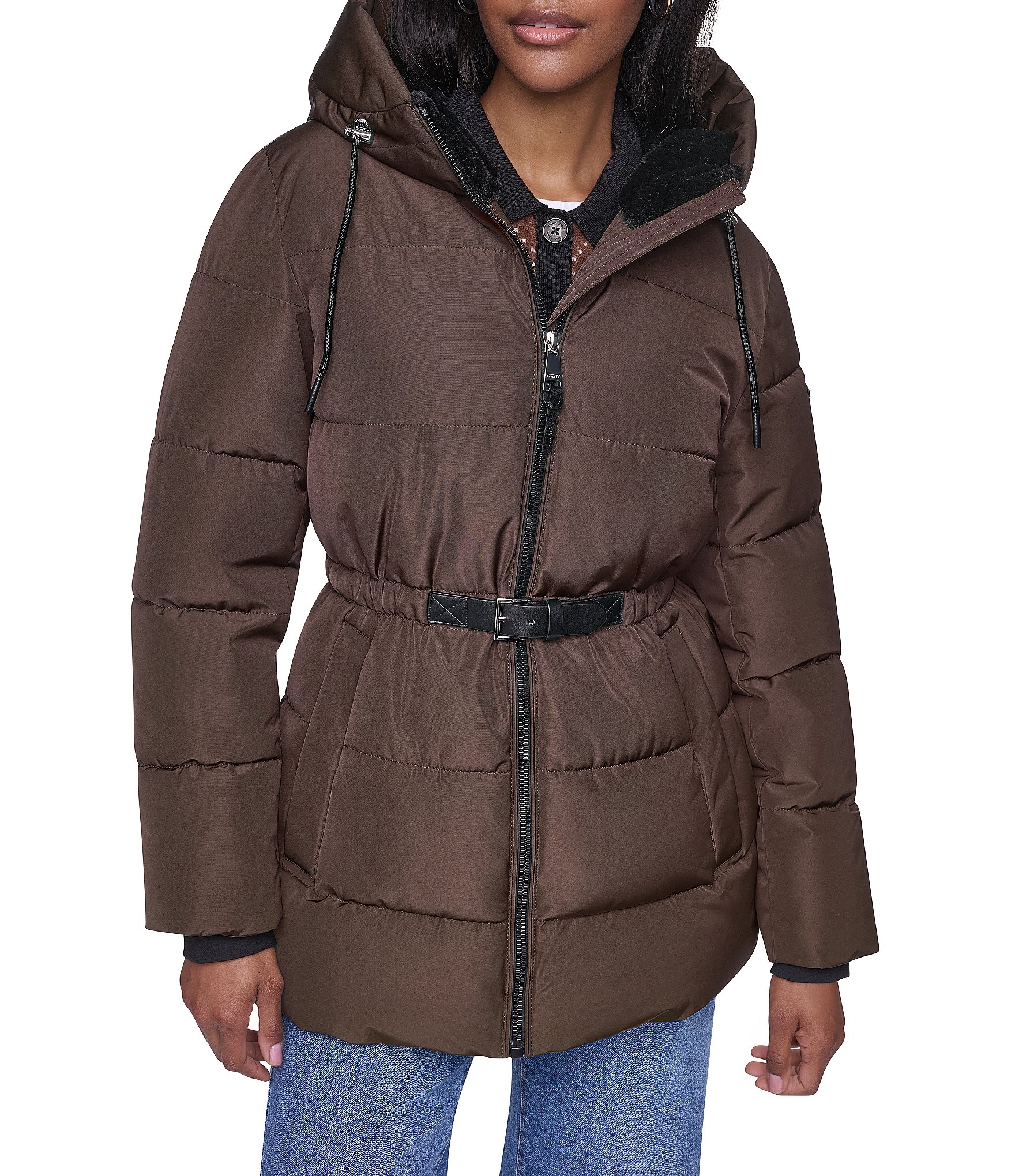 DKNY Quilt Attached Hood Belted Zip Front Puffer Jacket