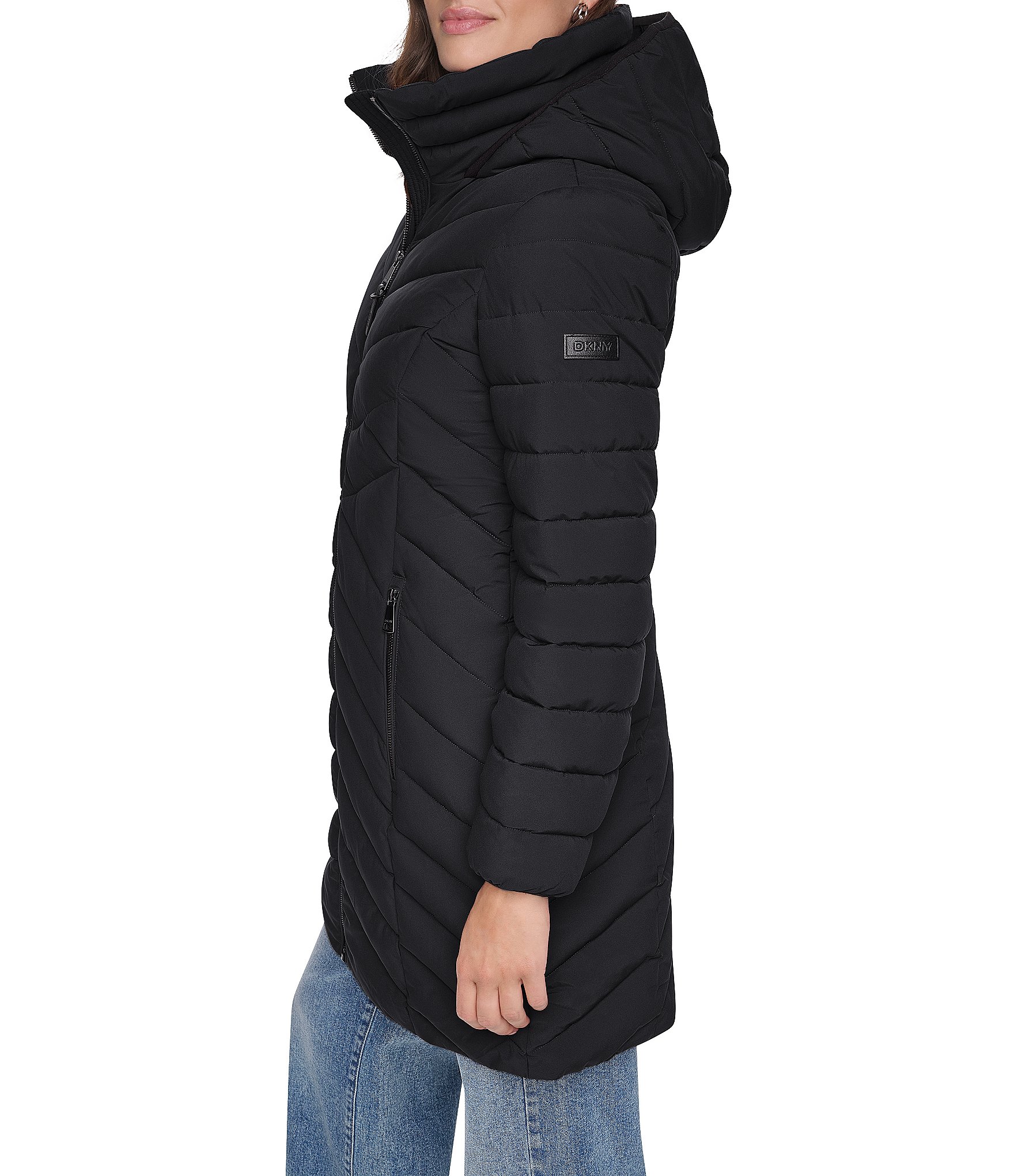 DKNY Quilted Funnel Collar Hooded Zip Front Puffer Jacket