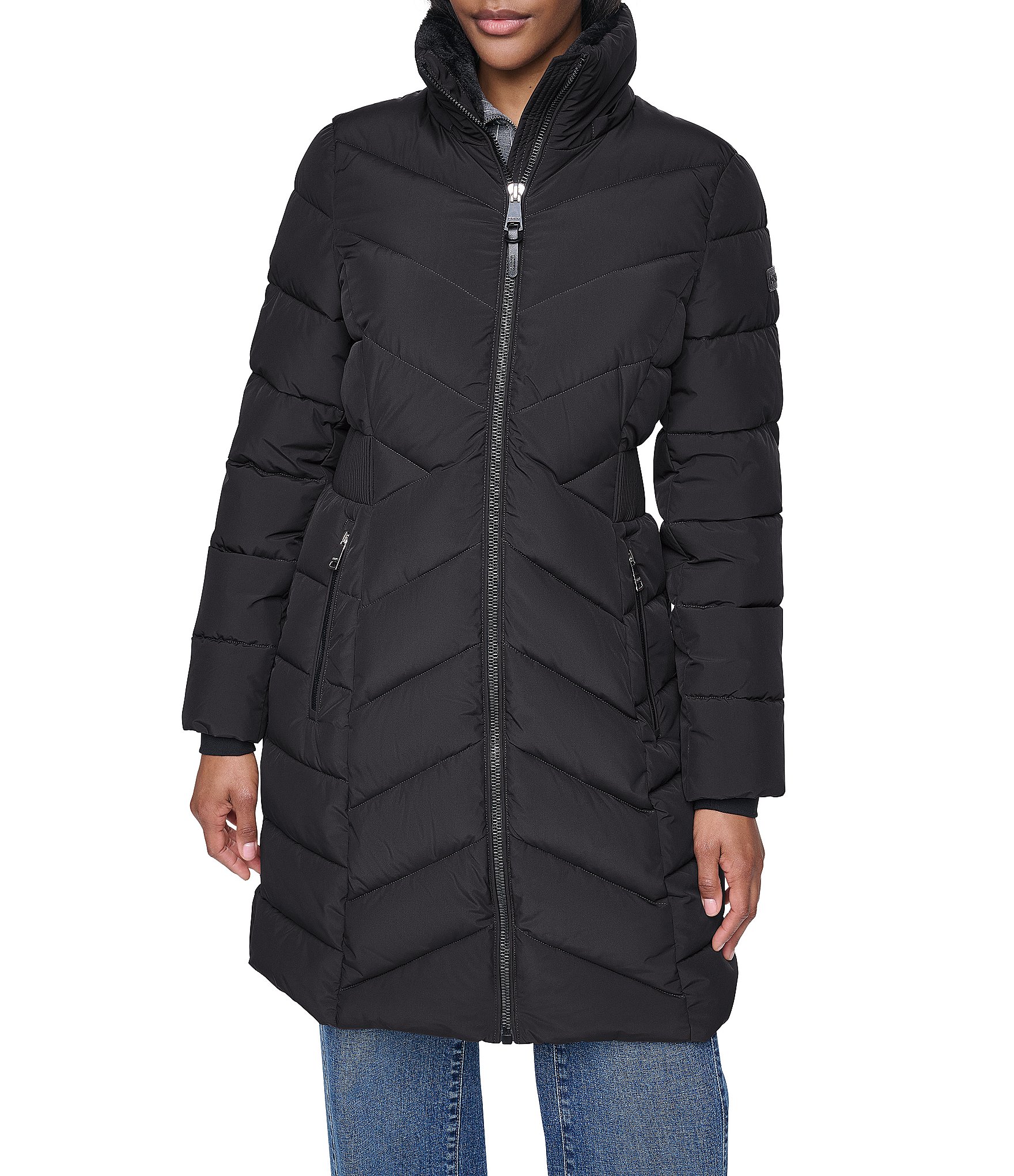 DKNY Quilted Pattern Stand Collar Hooded Faux Fur Trim Zip Front Puffer Jacket