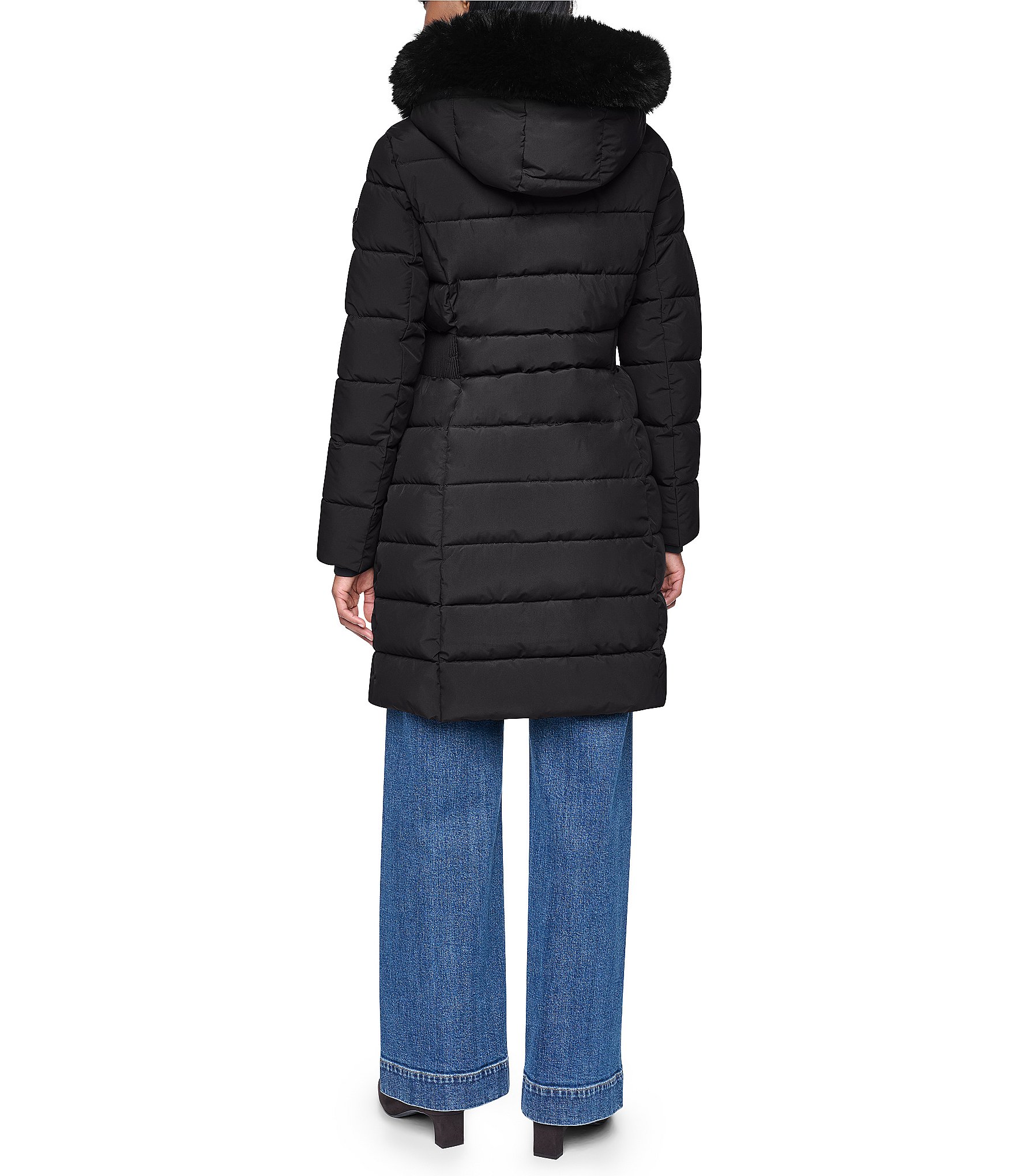 DKNY Quilted Pattern Stand Collar Hooded Faux Fur Trim Zip Front Puffer Jacket