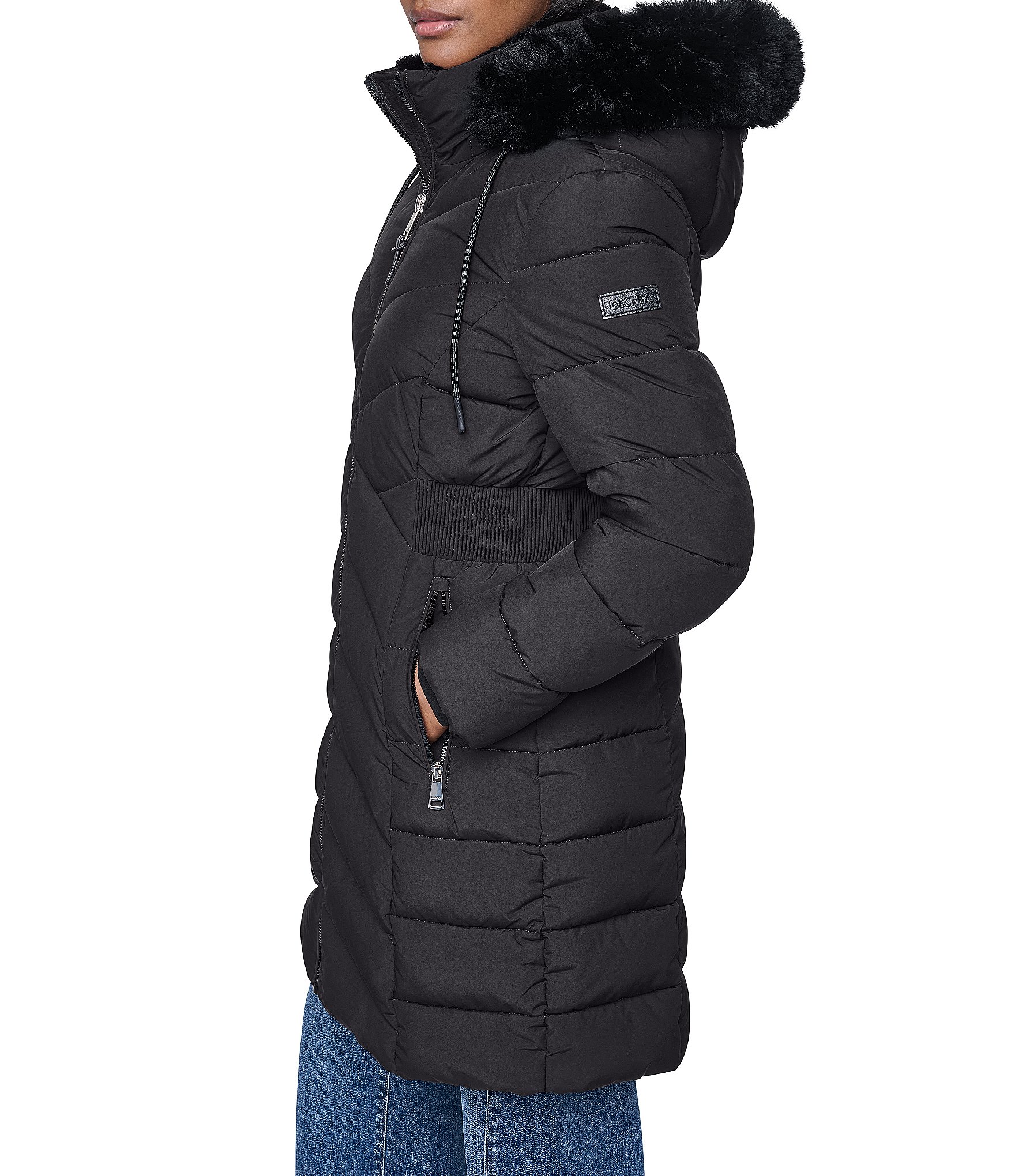 DKNY Quilted Pattern Stand Collar Hooded Faux Fur Trim Zip Front Puffer Jacket