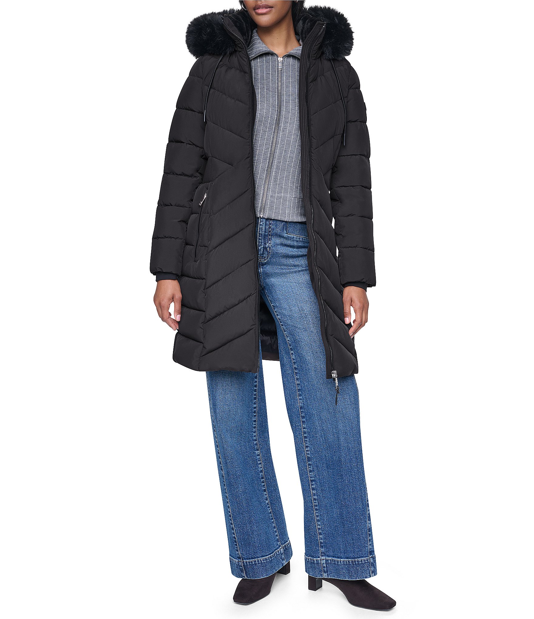 DKNY Quilted Pattern Stand Collar Hooded Faux Fur Trim Zip Front Puffer Jacket