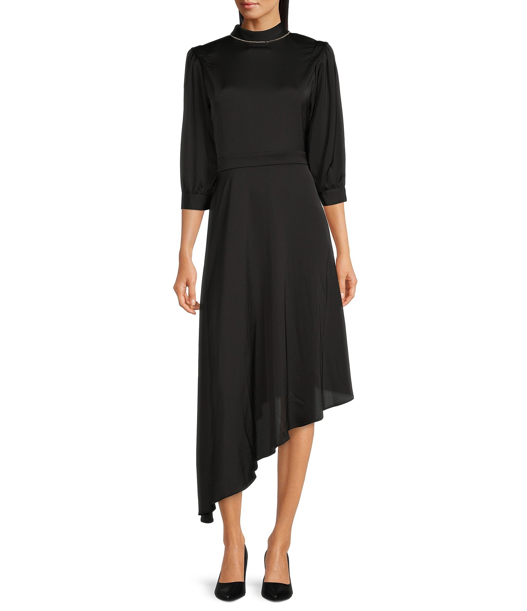 DKNY Satin Back Jewel Trim Mock Neck Long Sleeve Midi Dress | Dillard's
