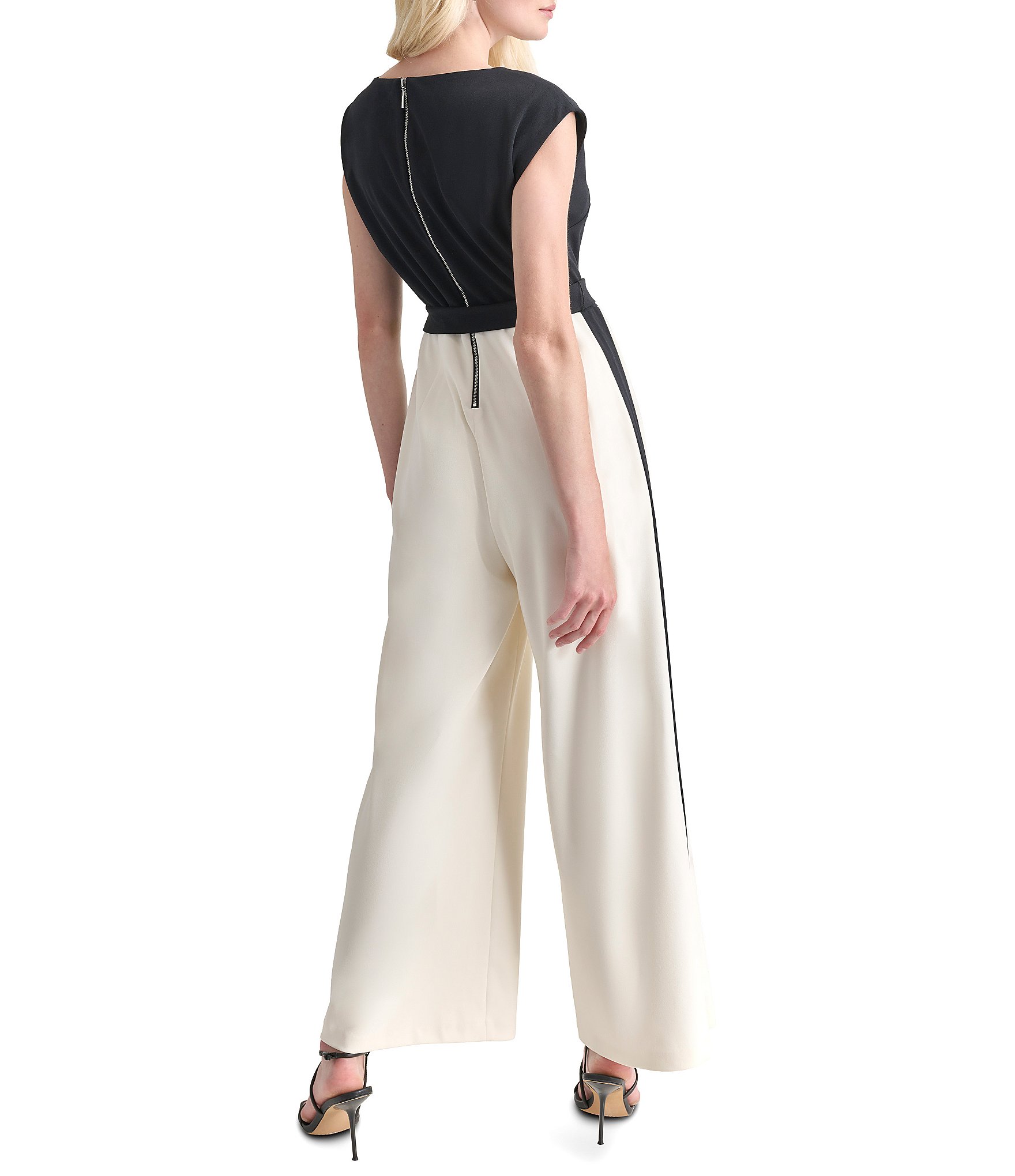 Donna Karan DKNY by Donna Karan Scuba Crepe Color Block Boat Neck Sleeveless Wide Leg Tie Waist Jumpsuit Liberty Center