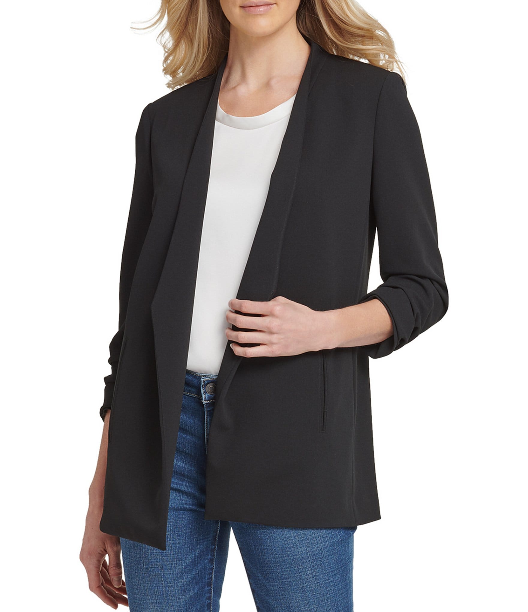 Dkny Scuba Crepe Ruched 3 4 Sleeve Open Front Jacket Dillards