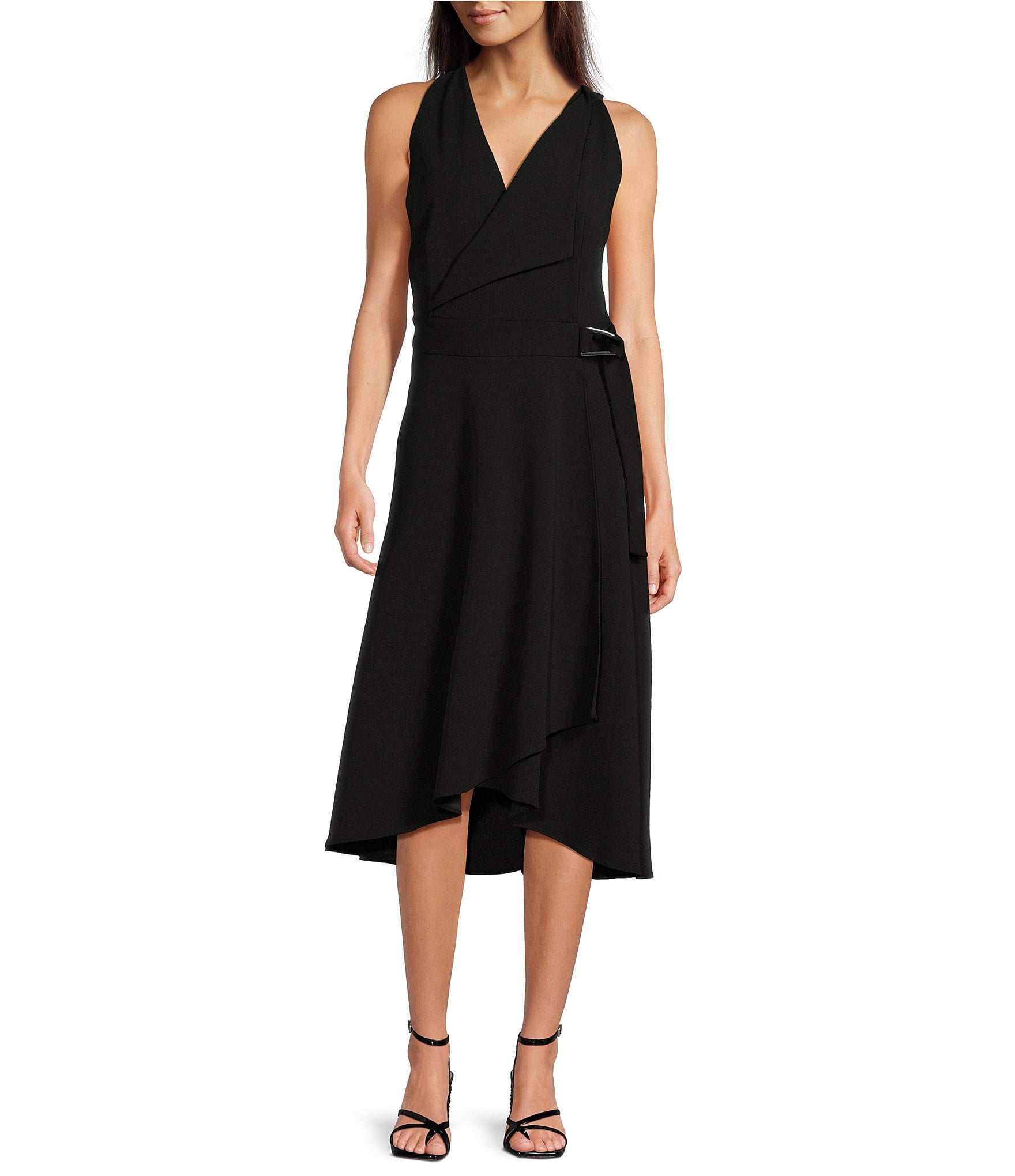 DKNY Scuba Crepe V-Neck Lapel Sleeveless Wrap Midi Dress | Dillard's