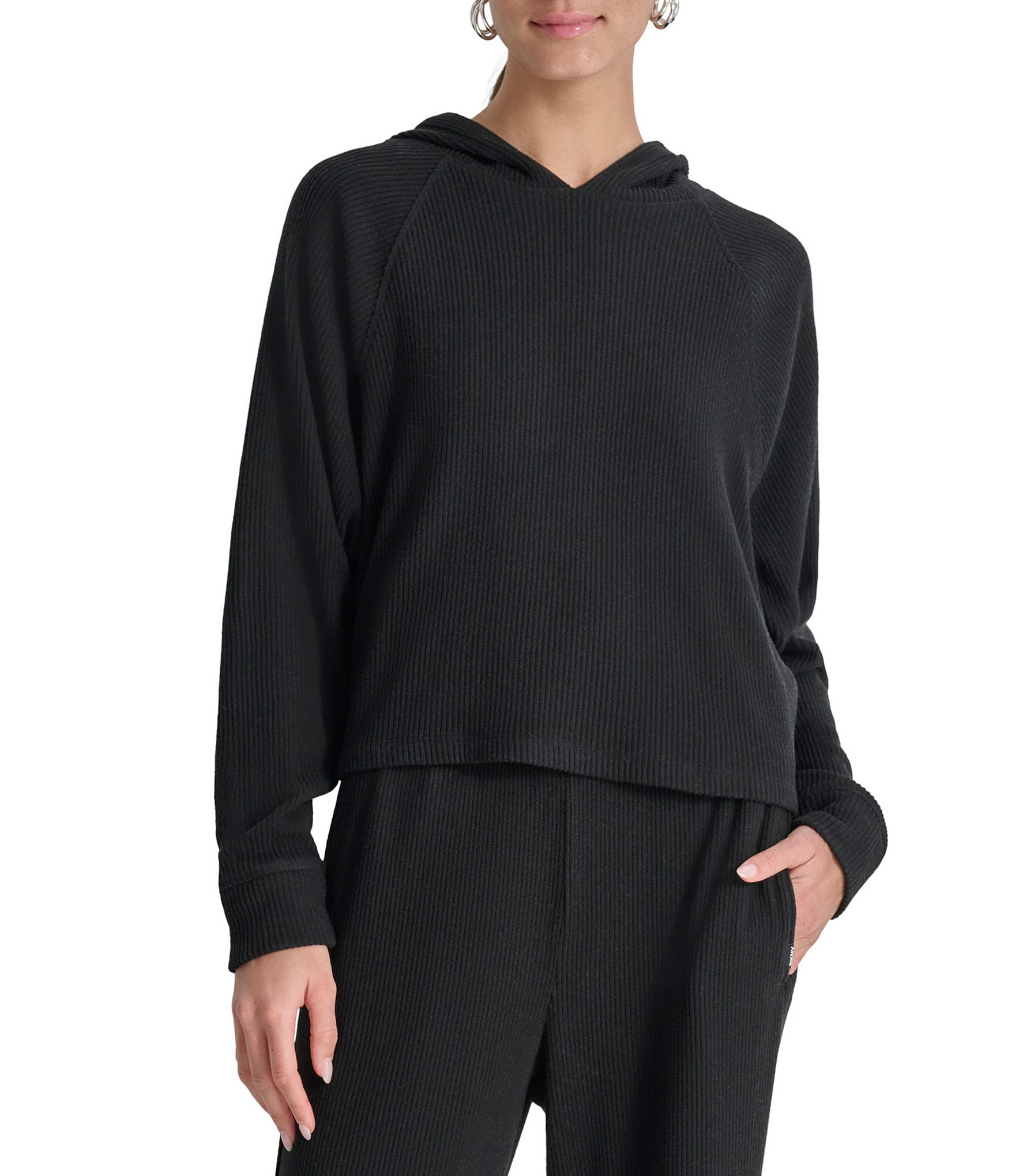 DKNY Sport by Donna Karan Brushed Rib Knit Raglan Sleeve Pullover Hoodie