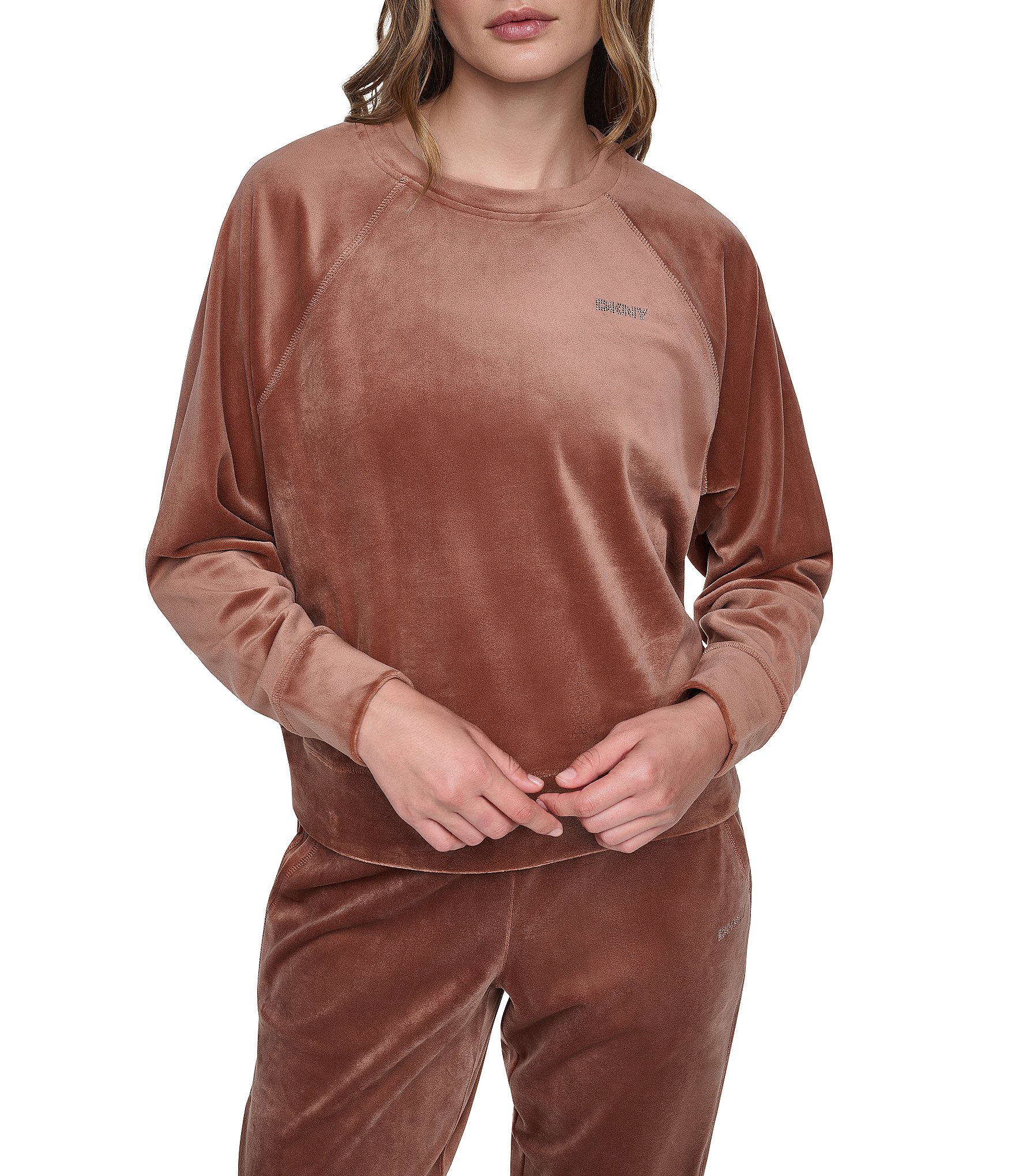DKNY Sport by Donna Karan Velour Mini Rhinestone Crew Neck Pullover