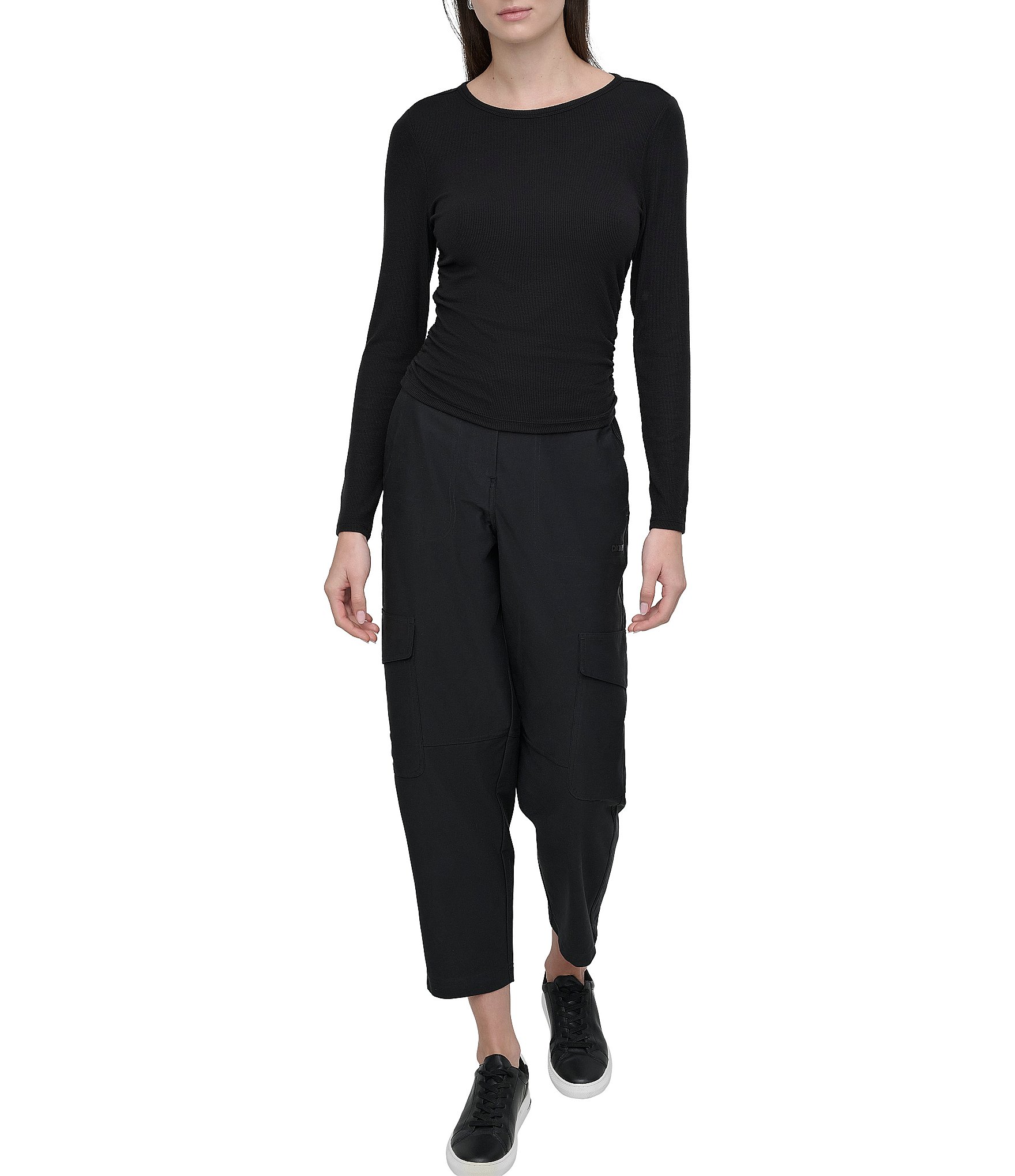 DKNY Sport by Donna Karen Platinum Ribbed Crew Neck Long Sleeve Side Ruching Top