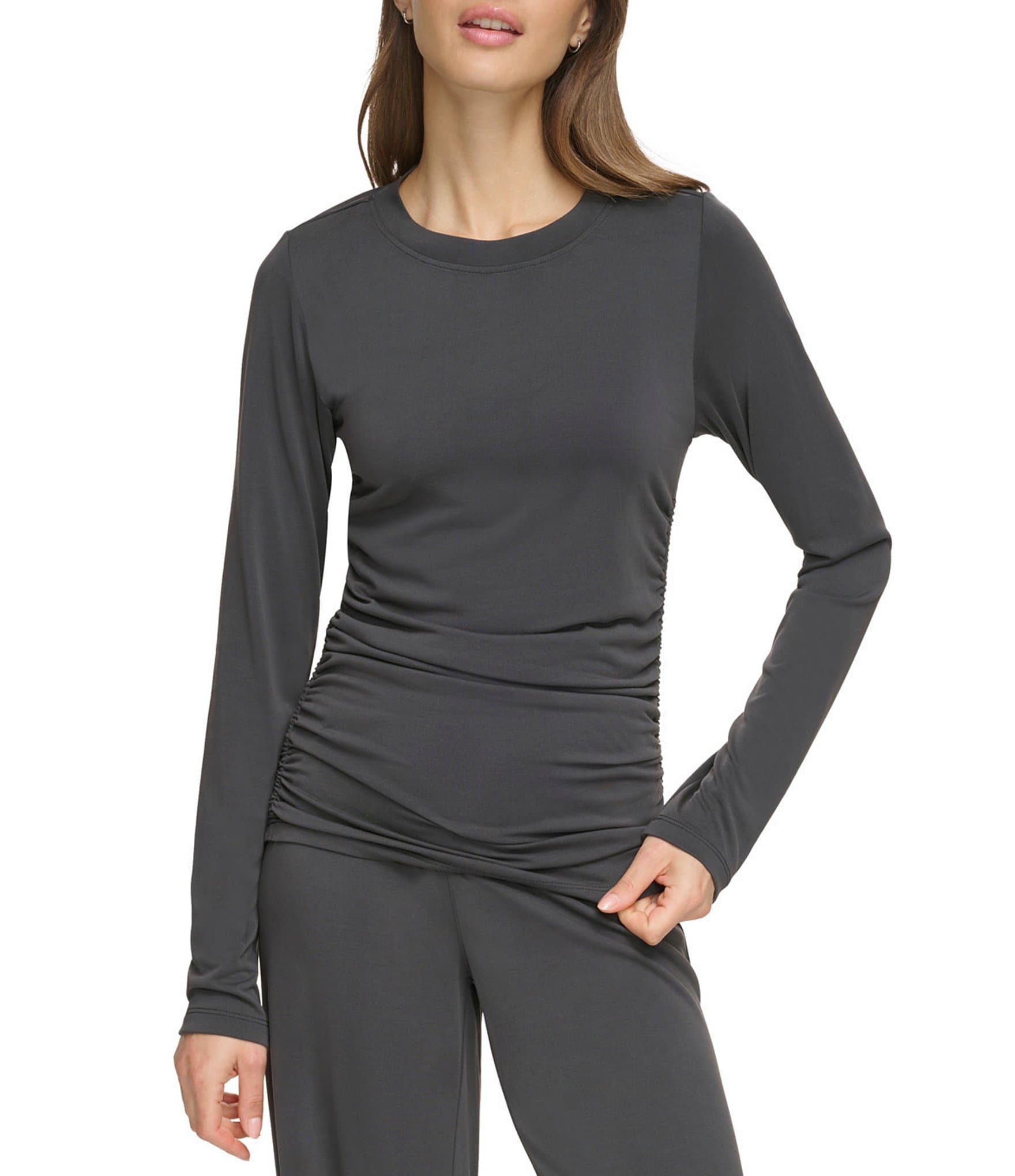 DKNY Sport Ruched Shadow Stripe Coordinating Zip Front Long Sleeve