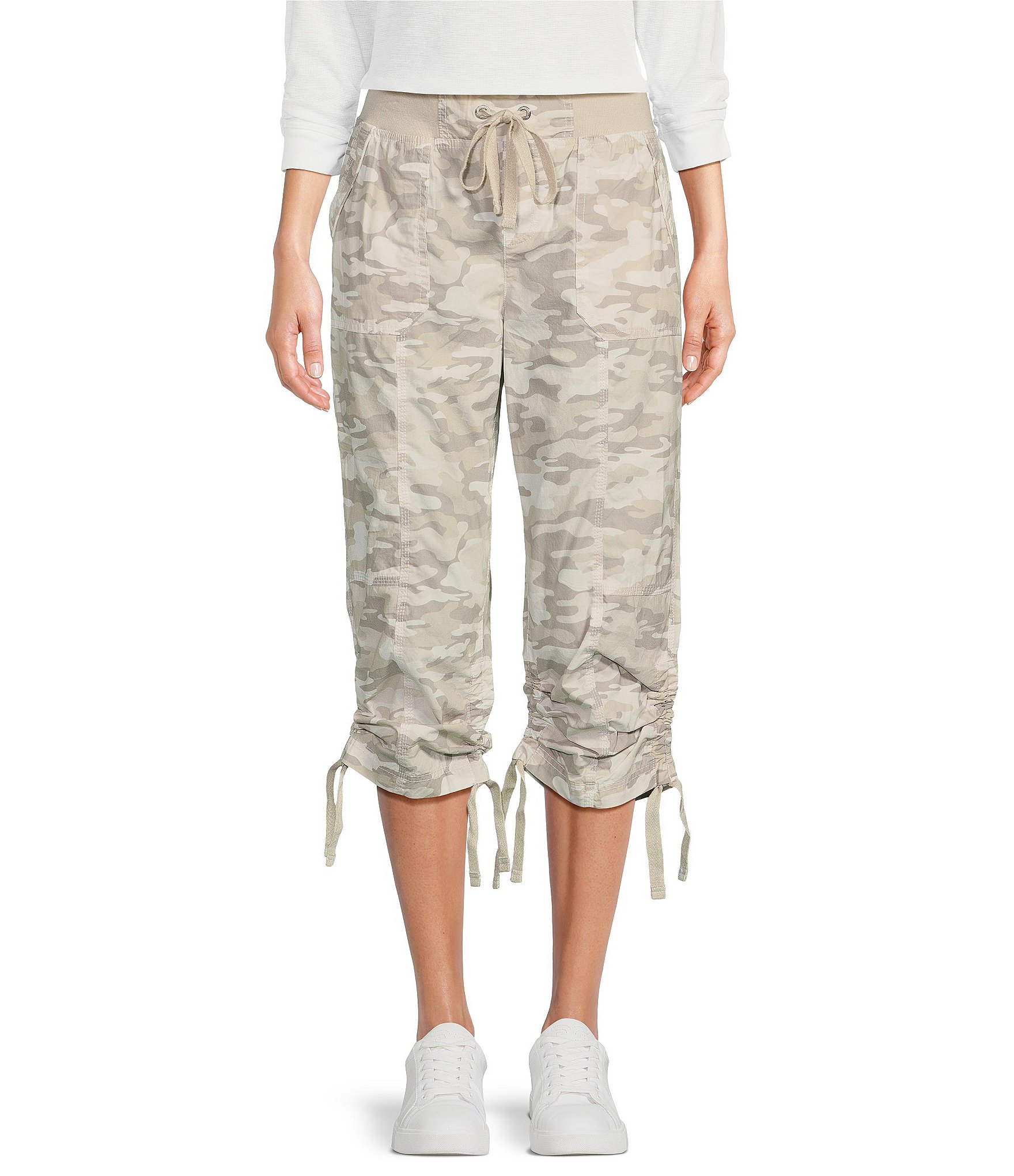 DKNY Sport Peached Poplin Ribbed Waist Camo Print Convertible Cinched ...