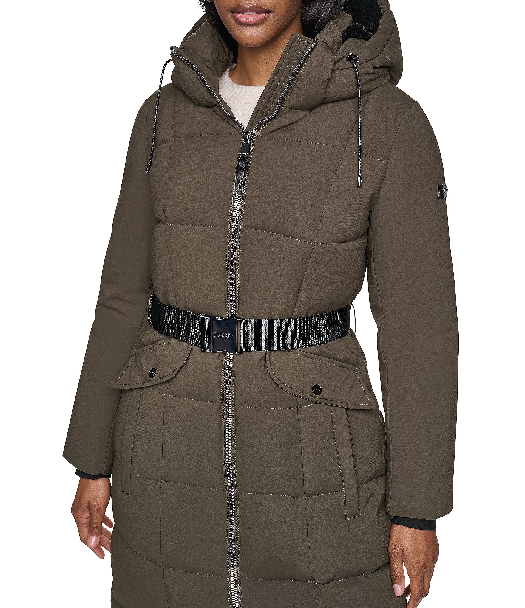 DKNY Stand Collar Attached Hooded Belted Zip Front Long Puffer Jacket