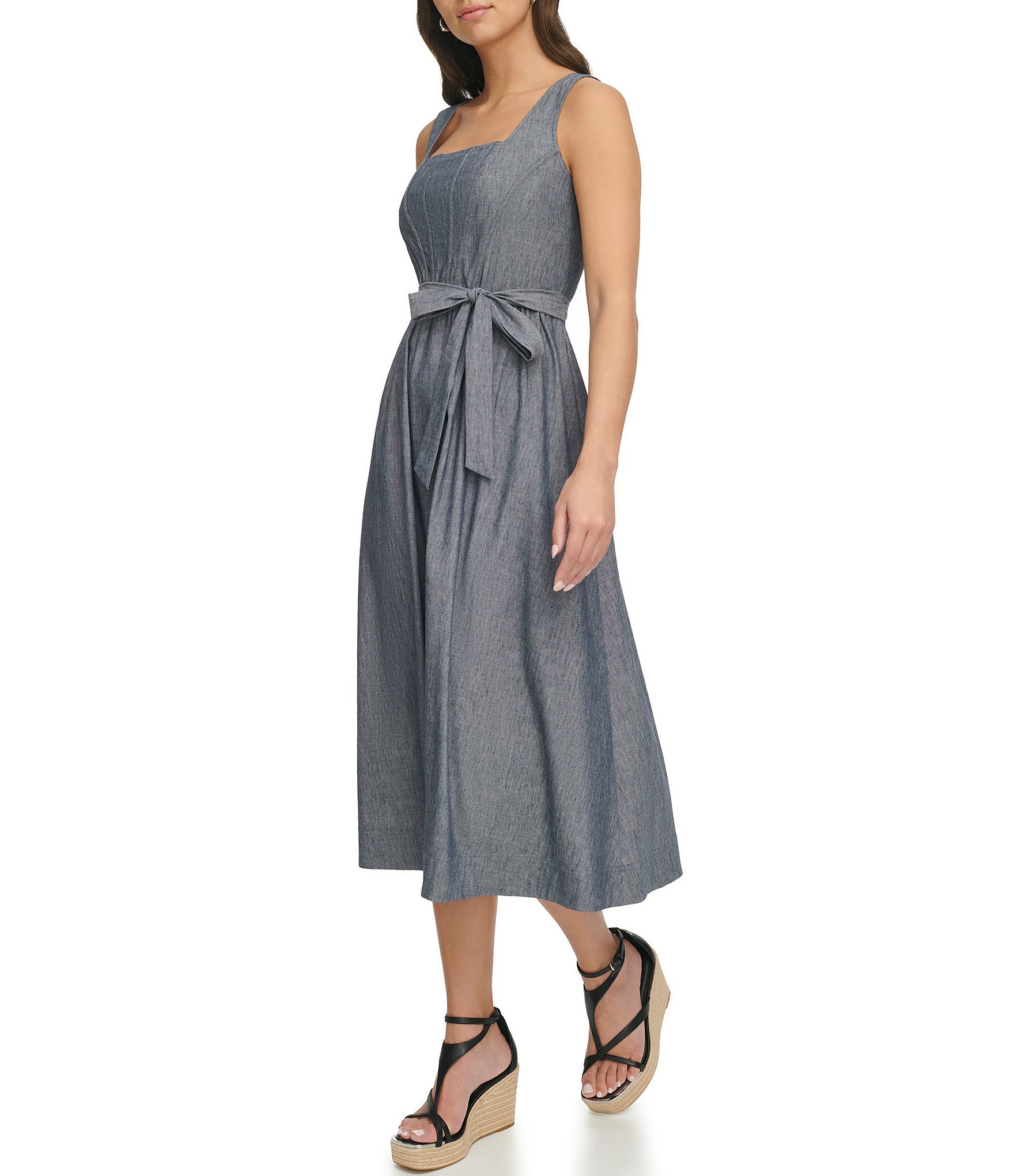 DKNY by Donna Karan Stretch Denim Chambray Square Neck Sleeveless Fit and Flare Midi Dress