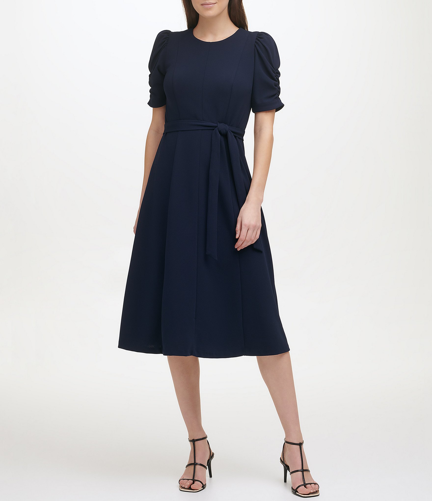 DKNY Stretch Crew Neck Short Ruched Sleeve Fit and Flare Midi Dress |  Dillard's