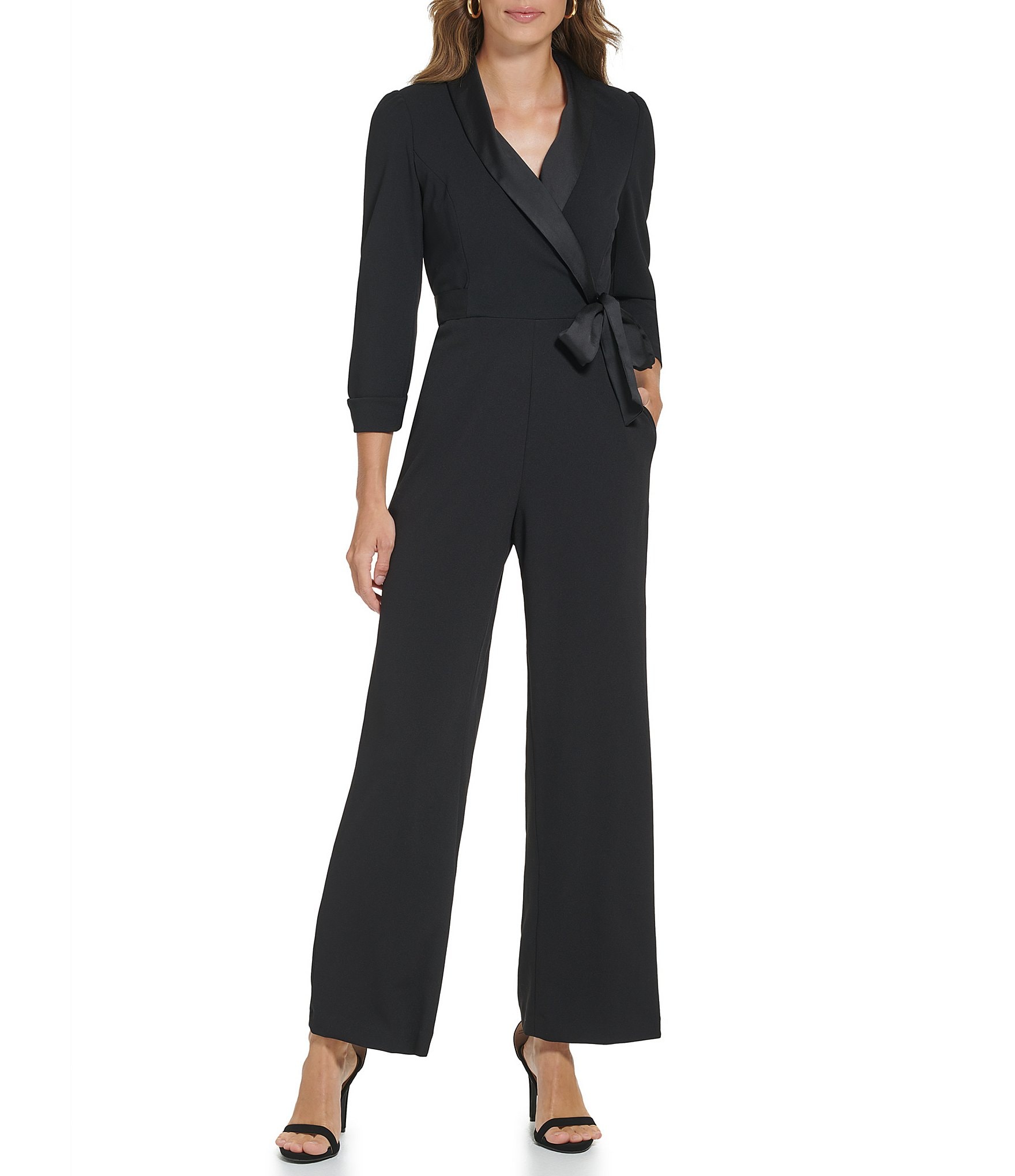 DKNY Stretch Surplice Collared V Neckline 3/4 Sleeve Jumpsuit