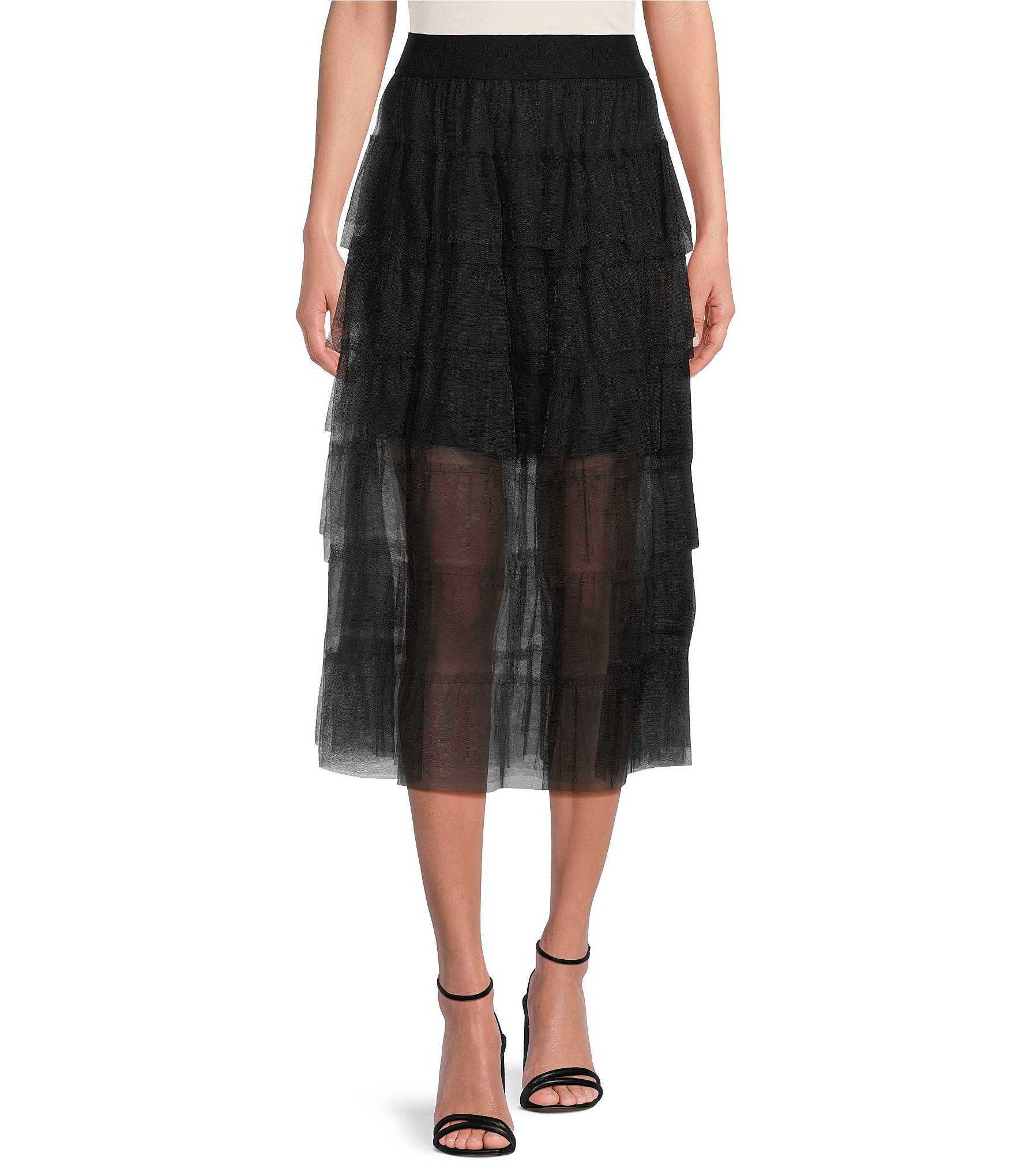 DKNY Tiered Ruffle Tulle Midi Skirt | Dillard's