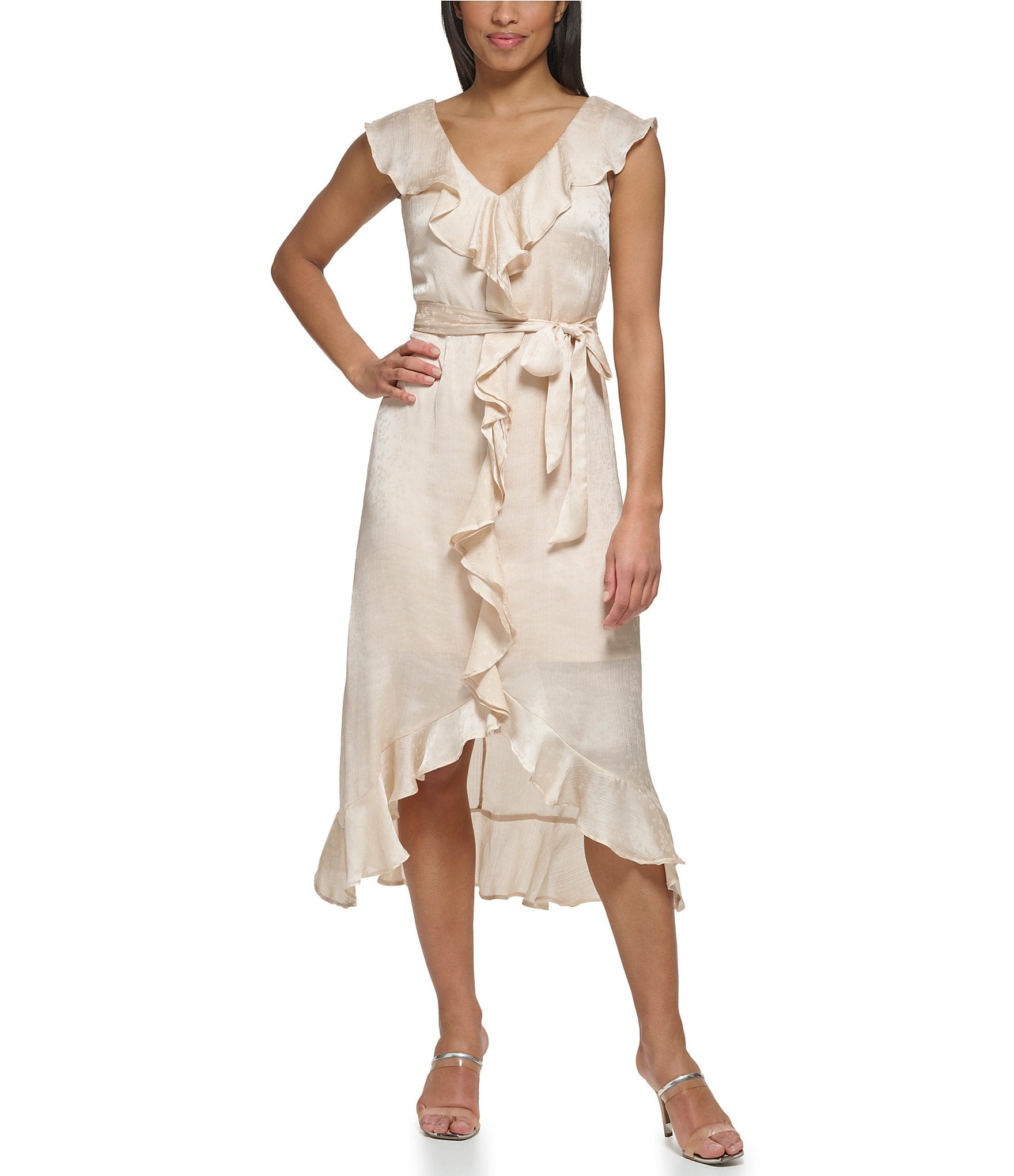 DKNY V-Neck Sleeveless Ruffled Trim Faux Wrap Dress | Dillard's