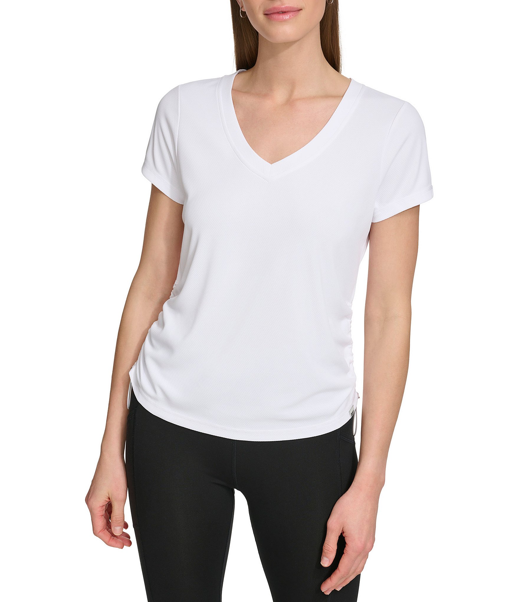 DKNY by Donna Karan V-Neck Short Sleeve Ruched Side Tee | Dillard's