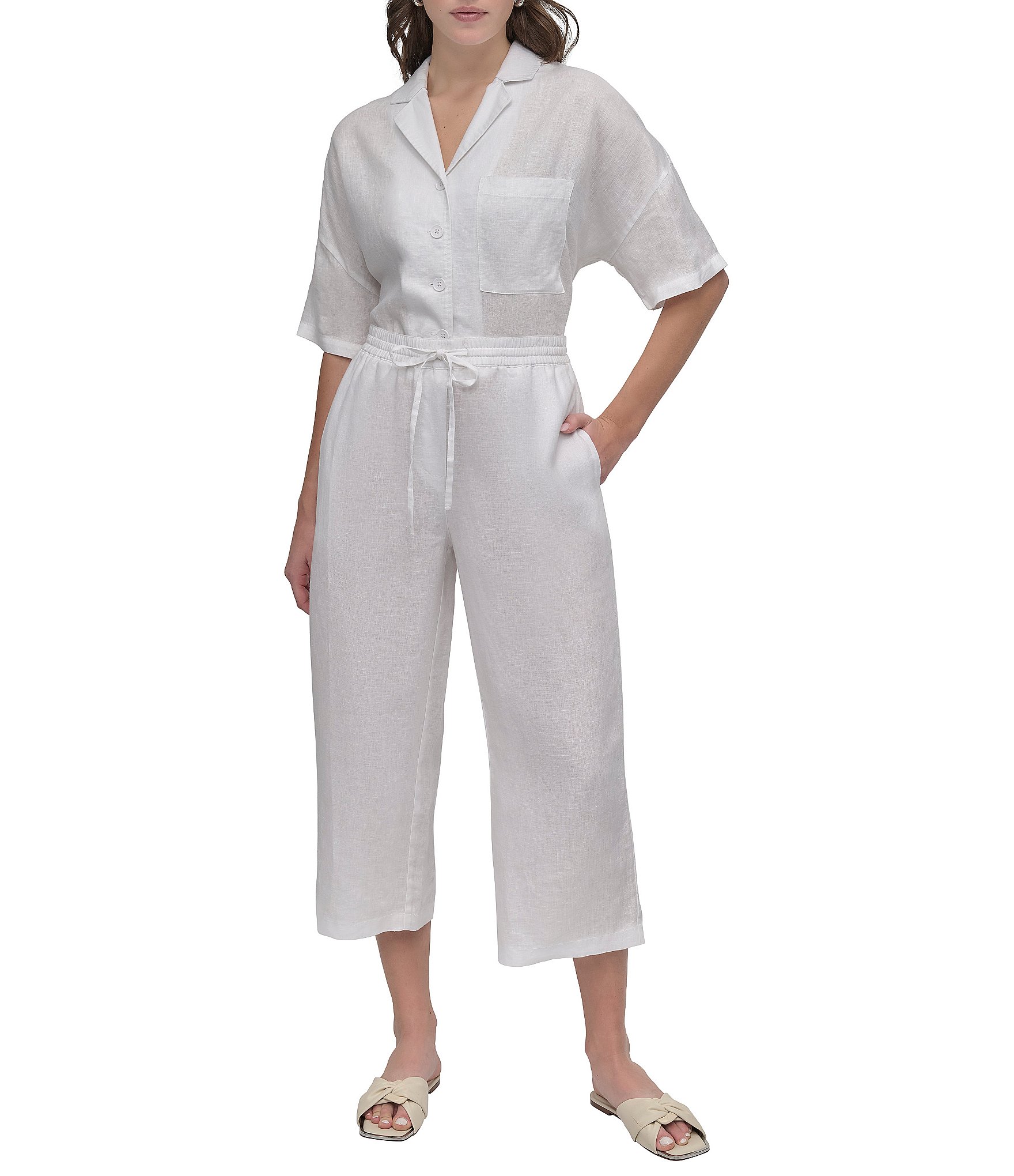 DKNY by Donna Karan Wide Leg Drawstring Woven Linen Blend Coordinating Pocketed Pants