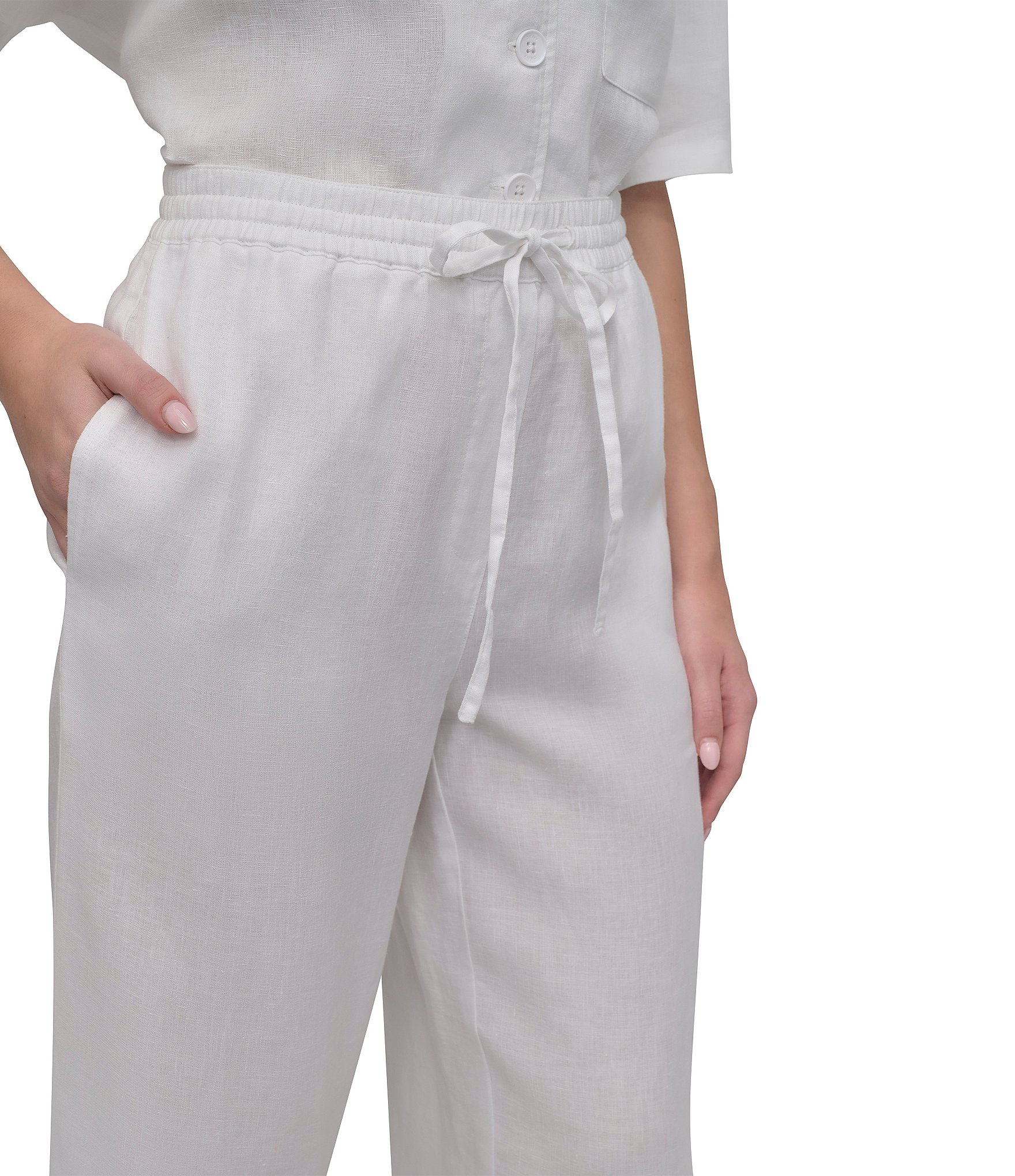DKNY by Donna Karan Wide Leg Drawstring Woven Linen Blend Coordinating Pocketed Pants