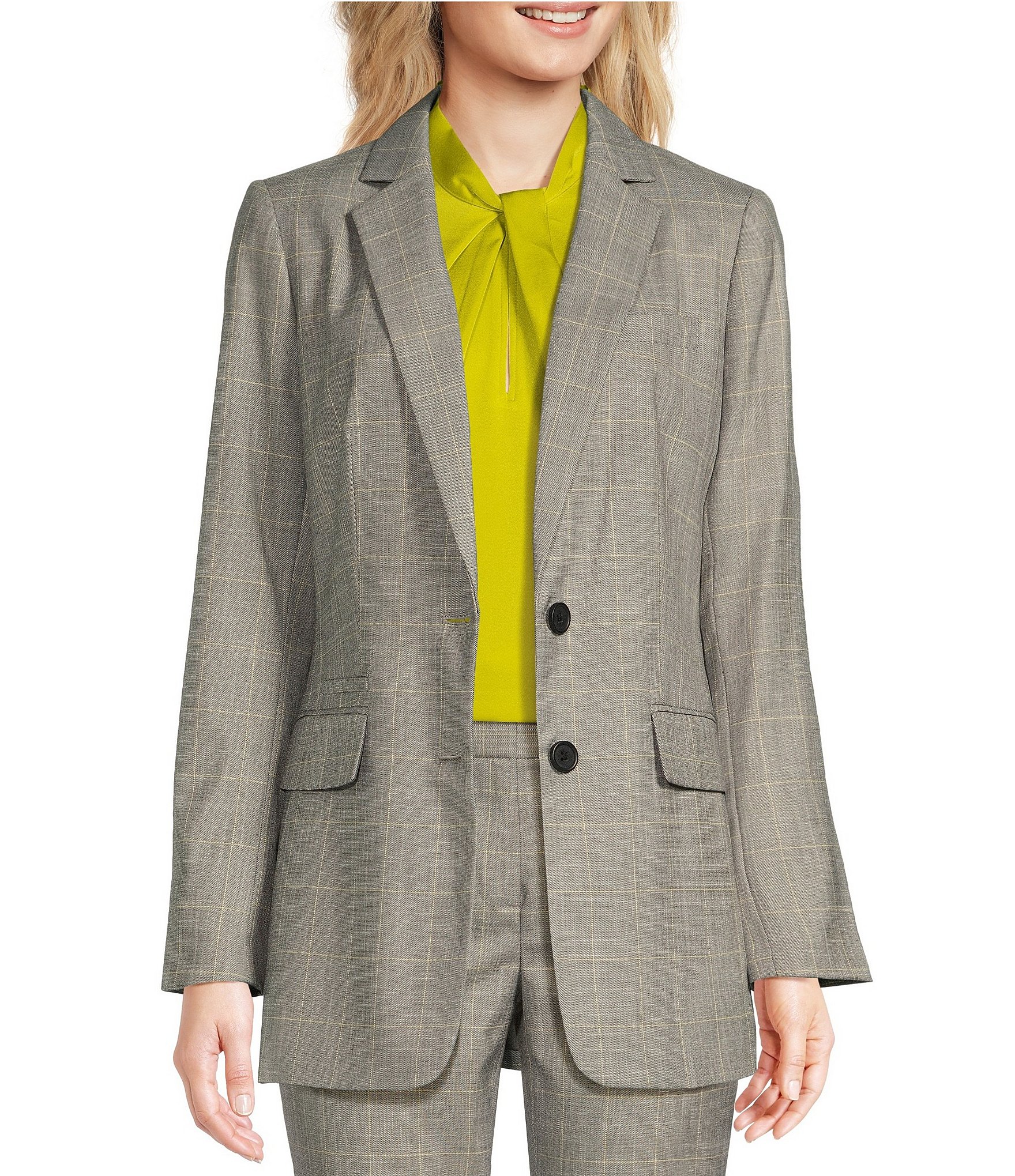 DKNY Asymmetrical Button Front Single Breasted Windowpane Wool Blend Coat