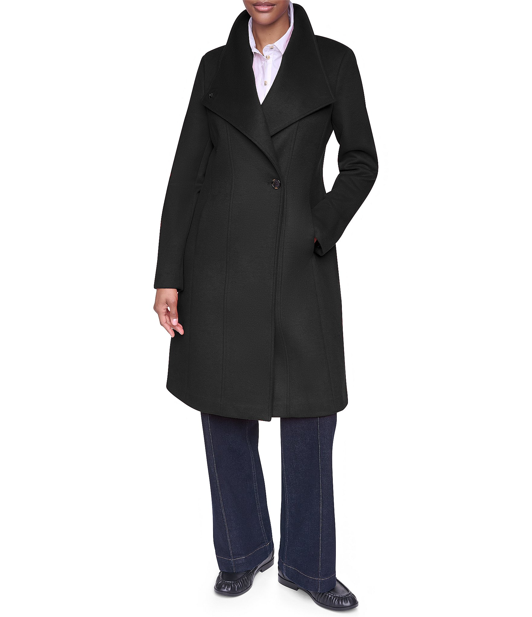 DKNY Wool Blend Asymmetrical Neck Trim Button Front Single Breasted Coat