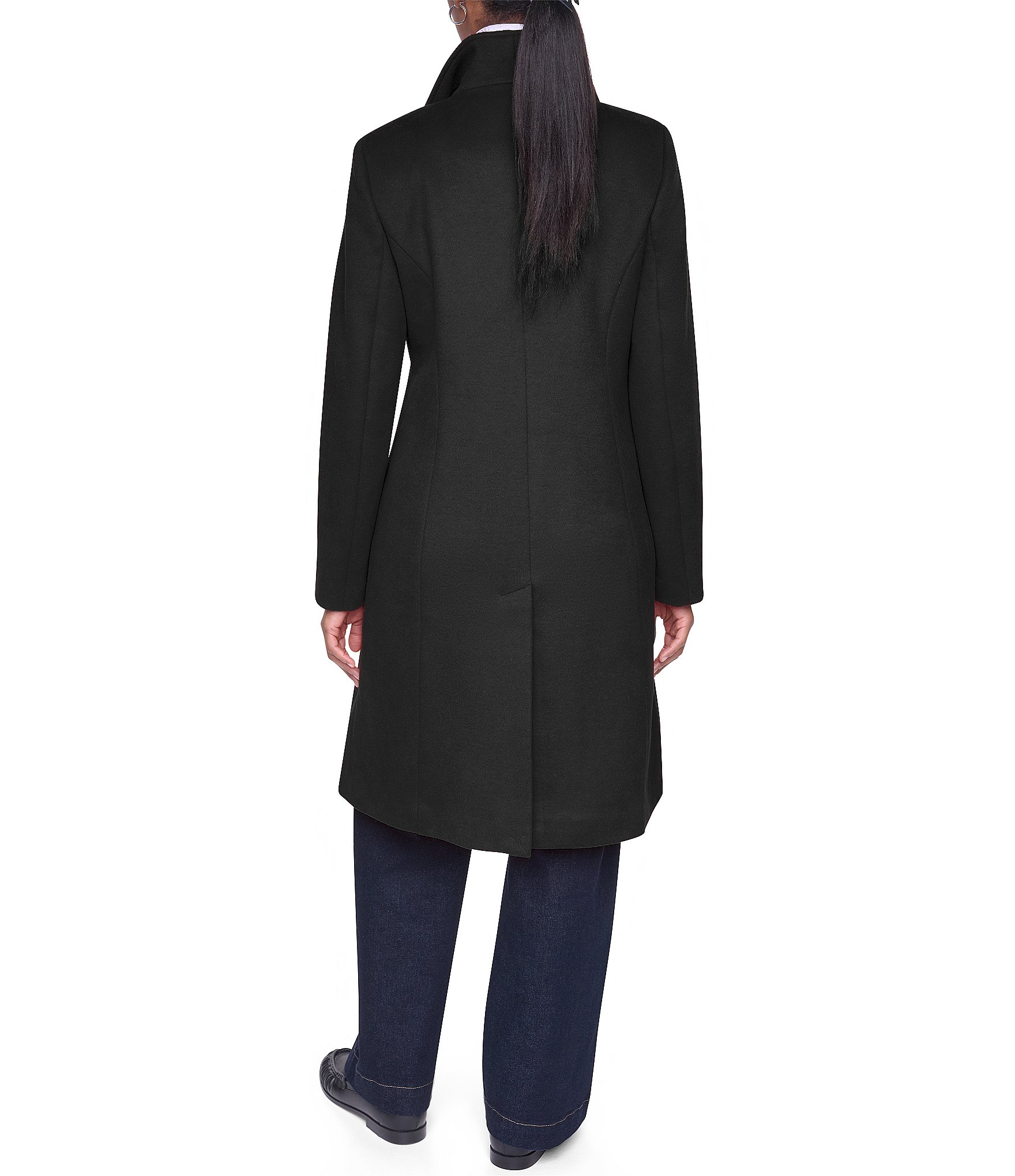 DKNY Wool Blend Asymmetrical Neck Trim Button Front Single Breasted Coat