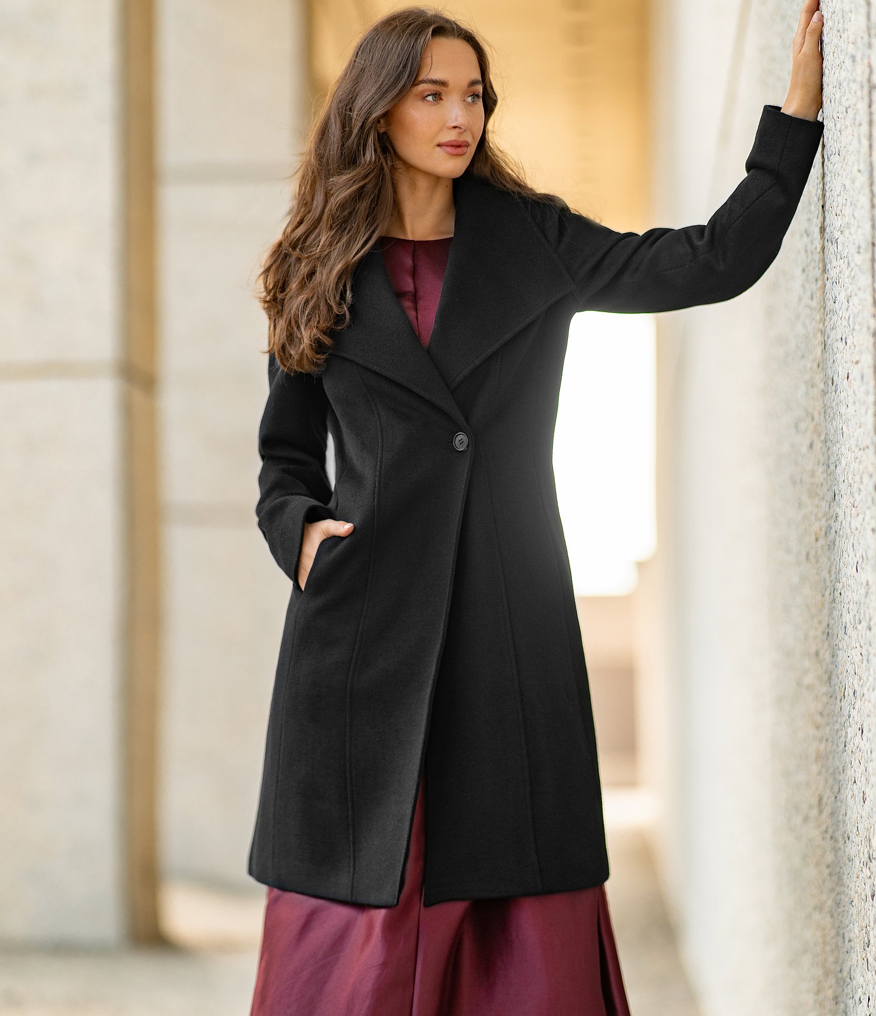 DKNY Wool Blend Asymmetrical Neck Trim Button Front Single Breasted Coat