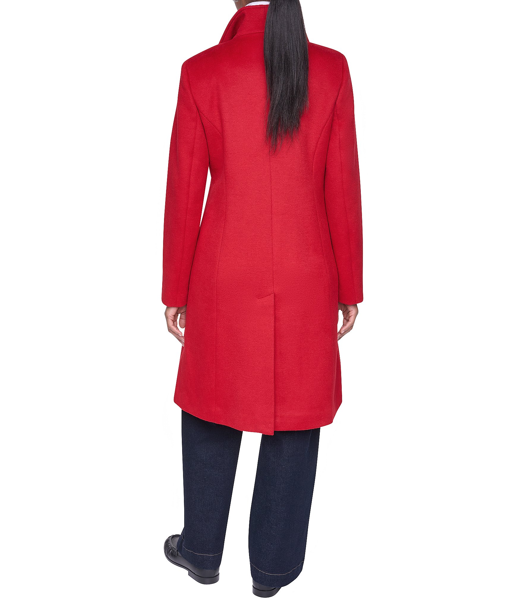 DKNY Wool Blend Asymmetrical Neck Trim Button Front Single Breasted Coat
