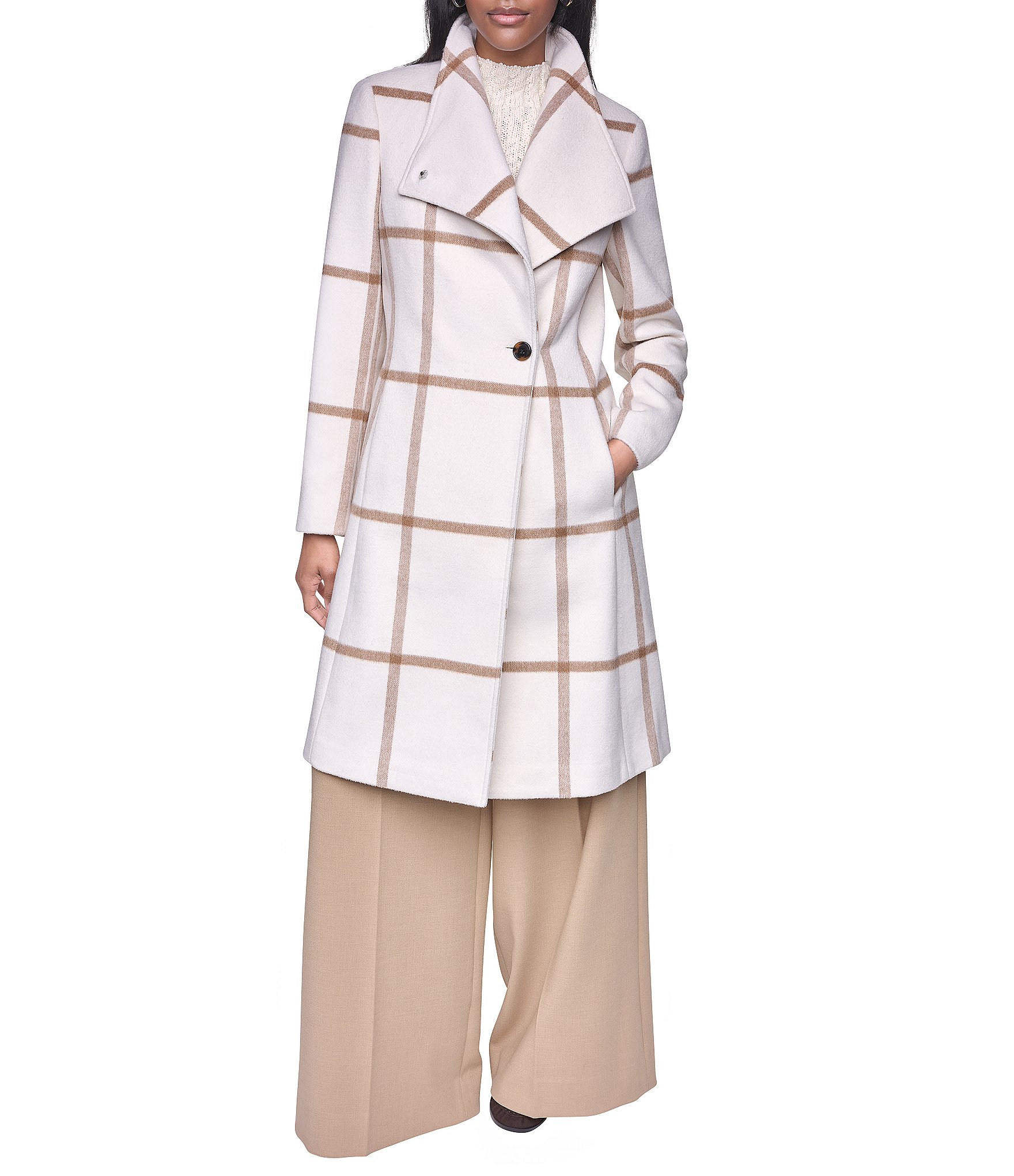 DKNY Wool Blend Asymmetrical Neck Trim Button Front Single Breasted Coat