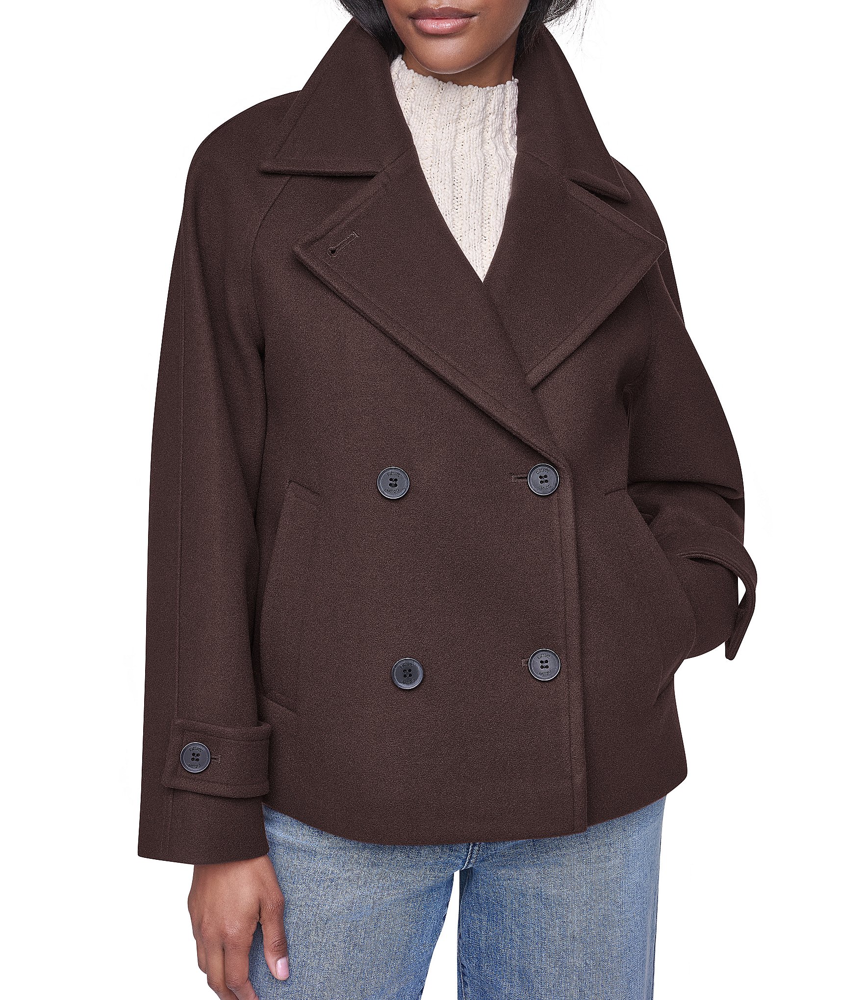 DKNY Wool Blend Notch Collar Double Breasted Peacoat