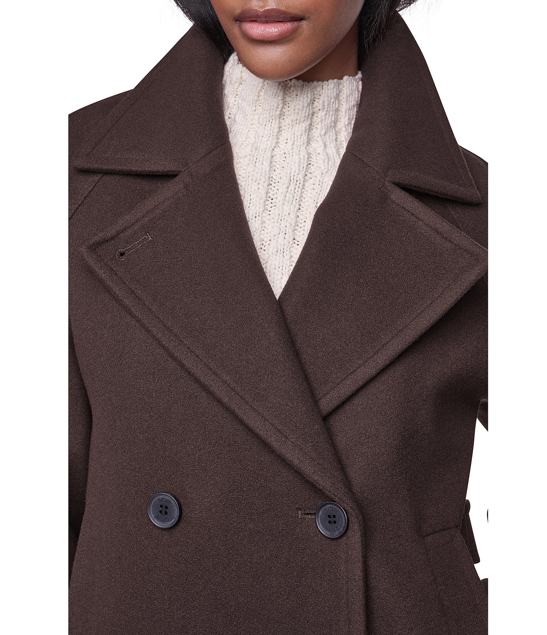 DKNY Wool Blend Notch Collar Double Breasted Peacoat