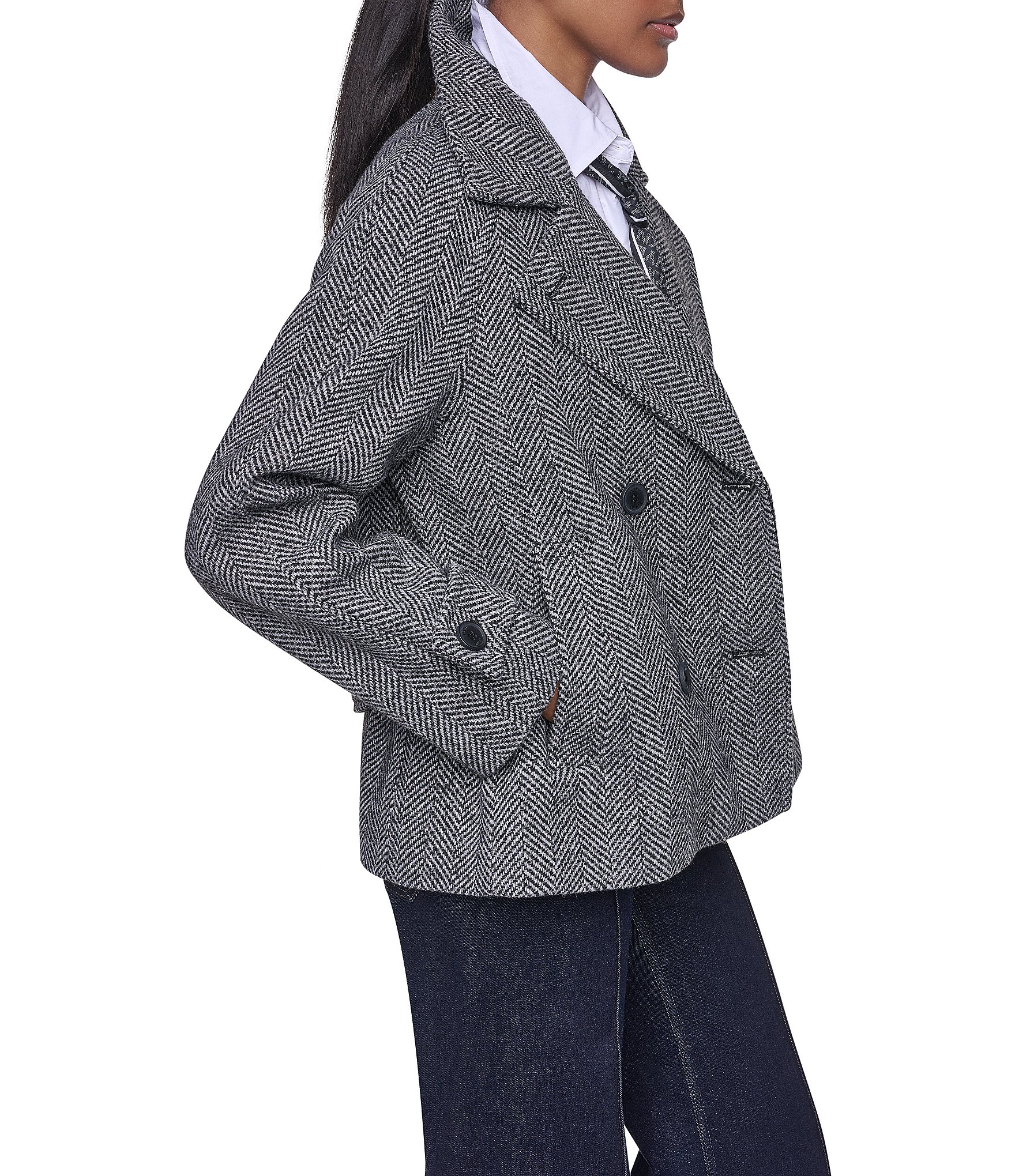 DKNY Wool Blend Notch Collar Double Breasted Peacoat